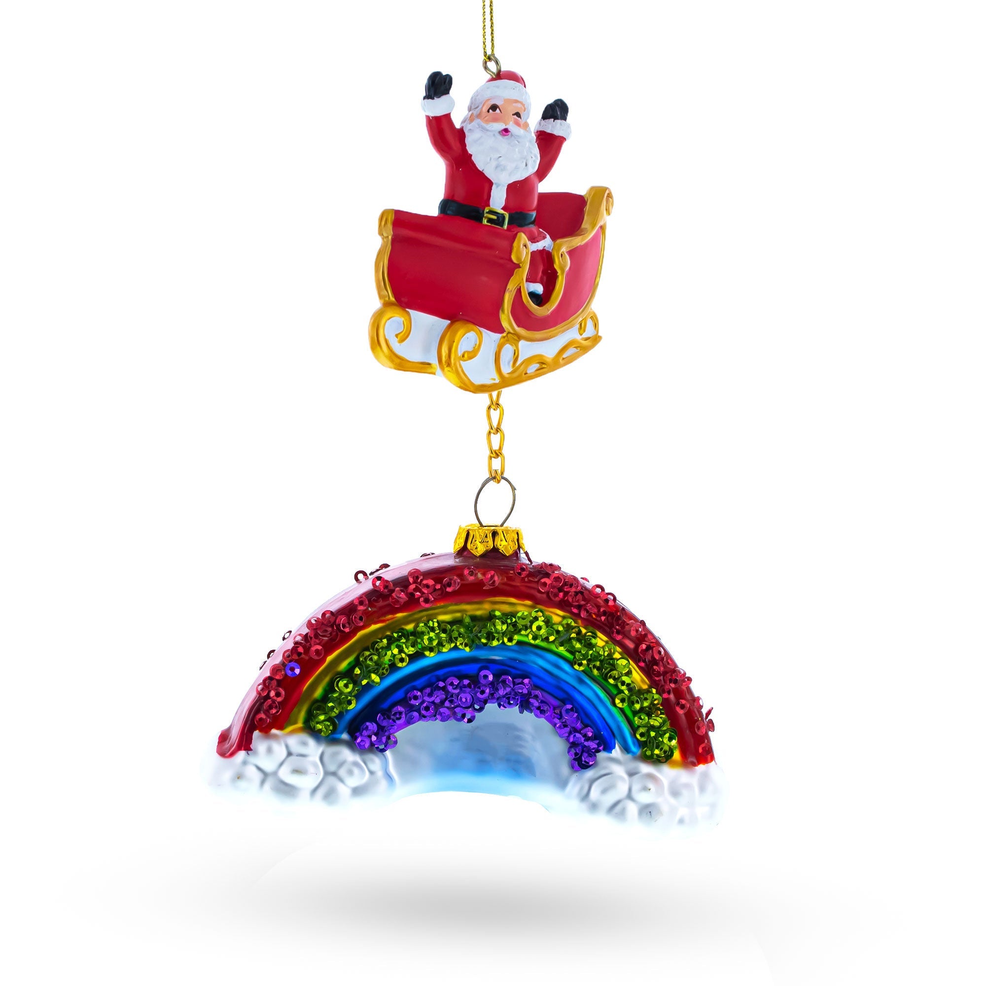 Whimsical Santa In Sleigh Over Rainbow - Blown Glass Christmas Ornament