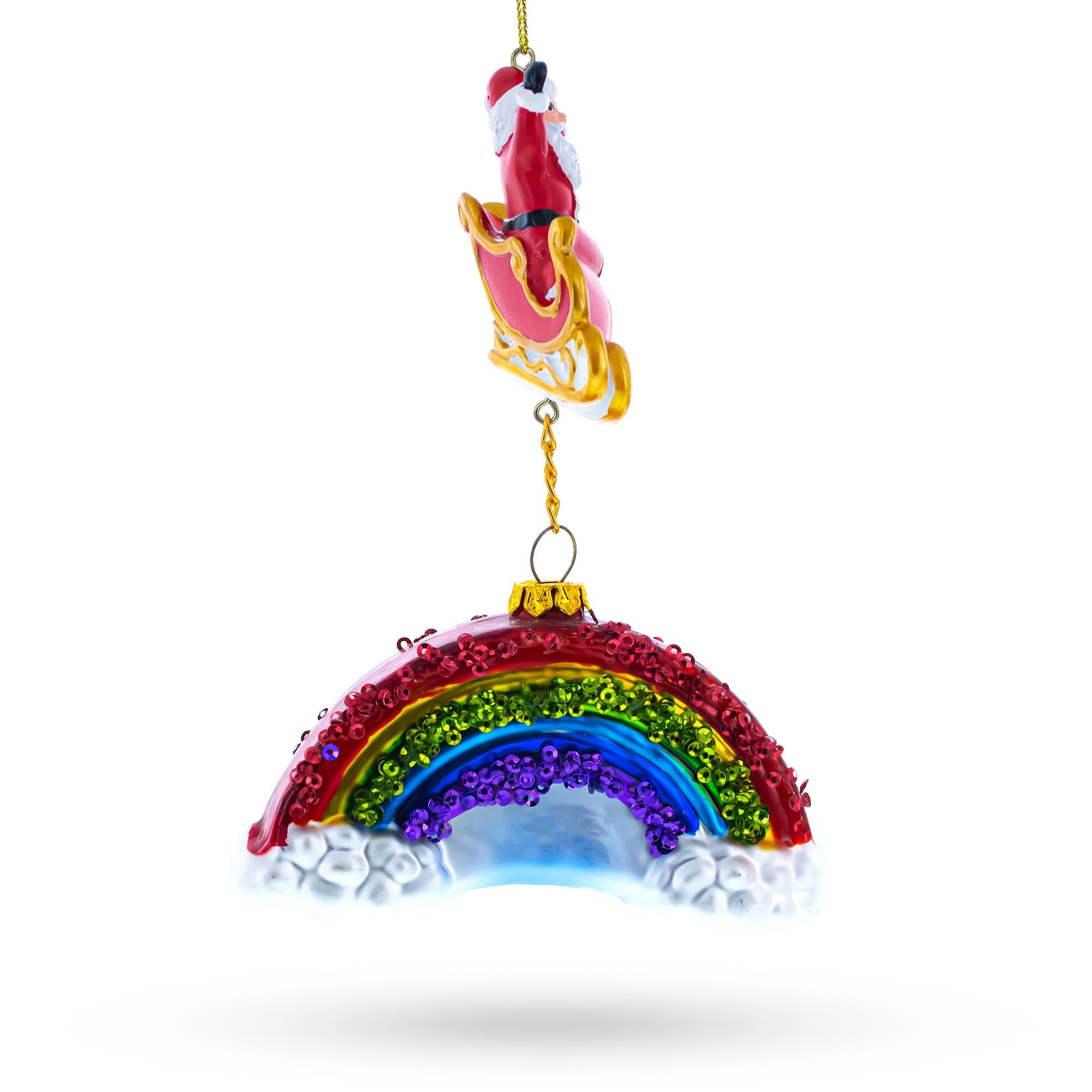 Whimsical Santa In Sleigh Over Rainbow - Blown Glass Christmas Ornament