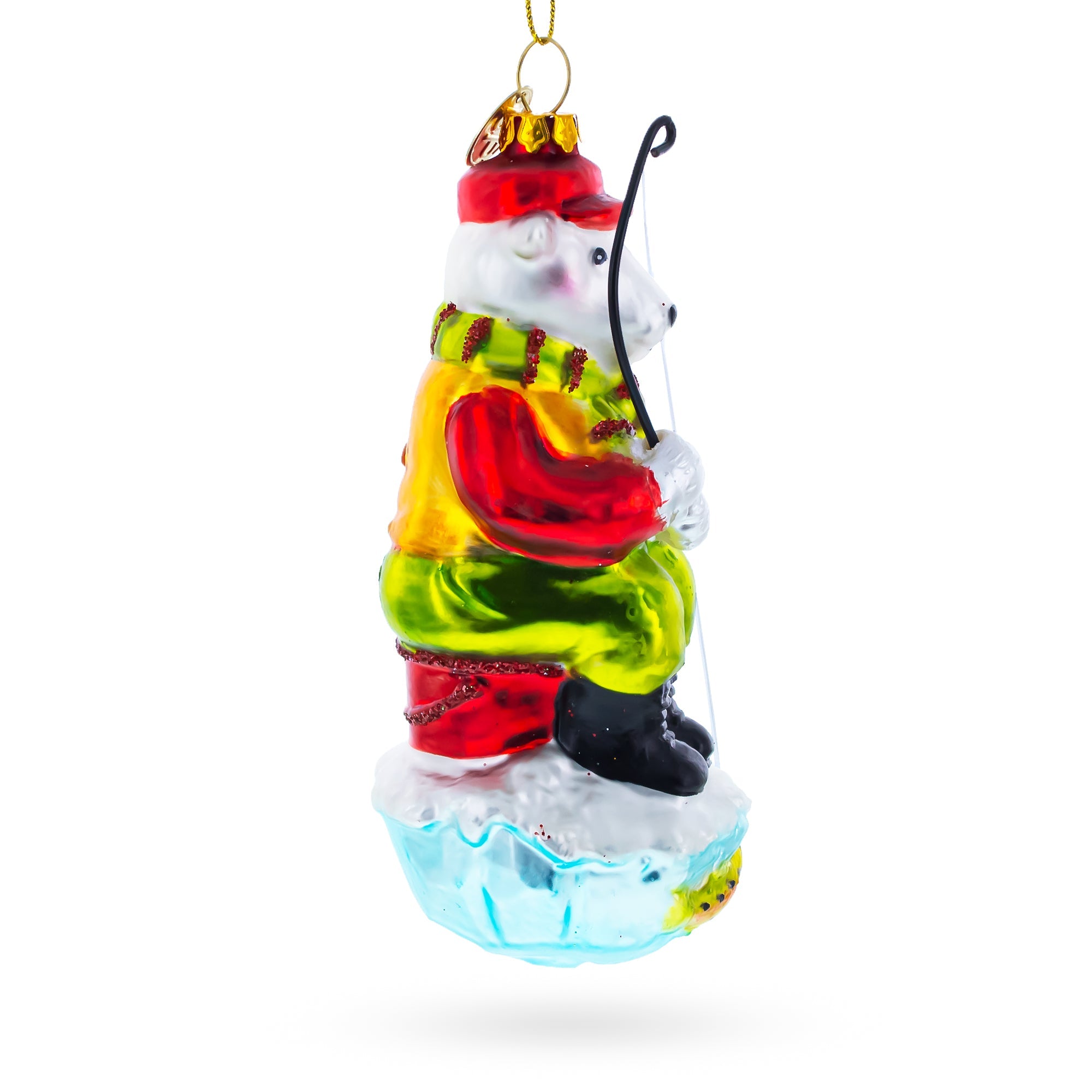 Charming Polar Bear Ice Fishing - Blown Glass Christmas Ornament