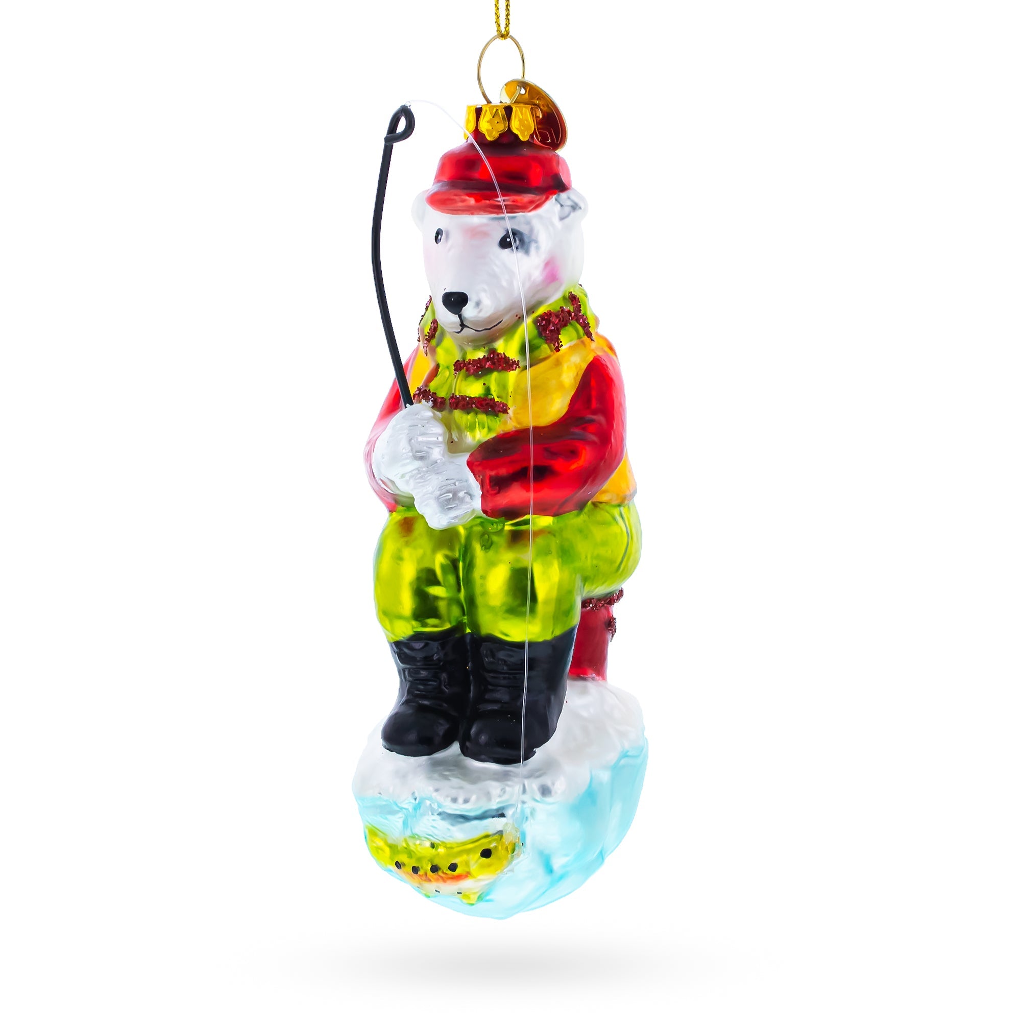 Charming Polar Bear Ice Fishing - Blown Glass Christmas Ornament