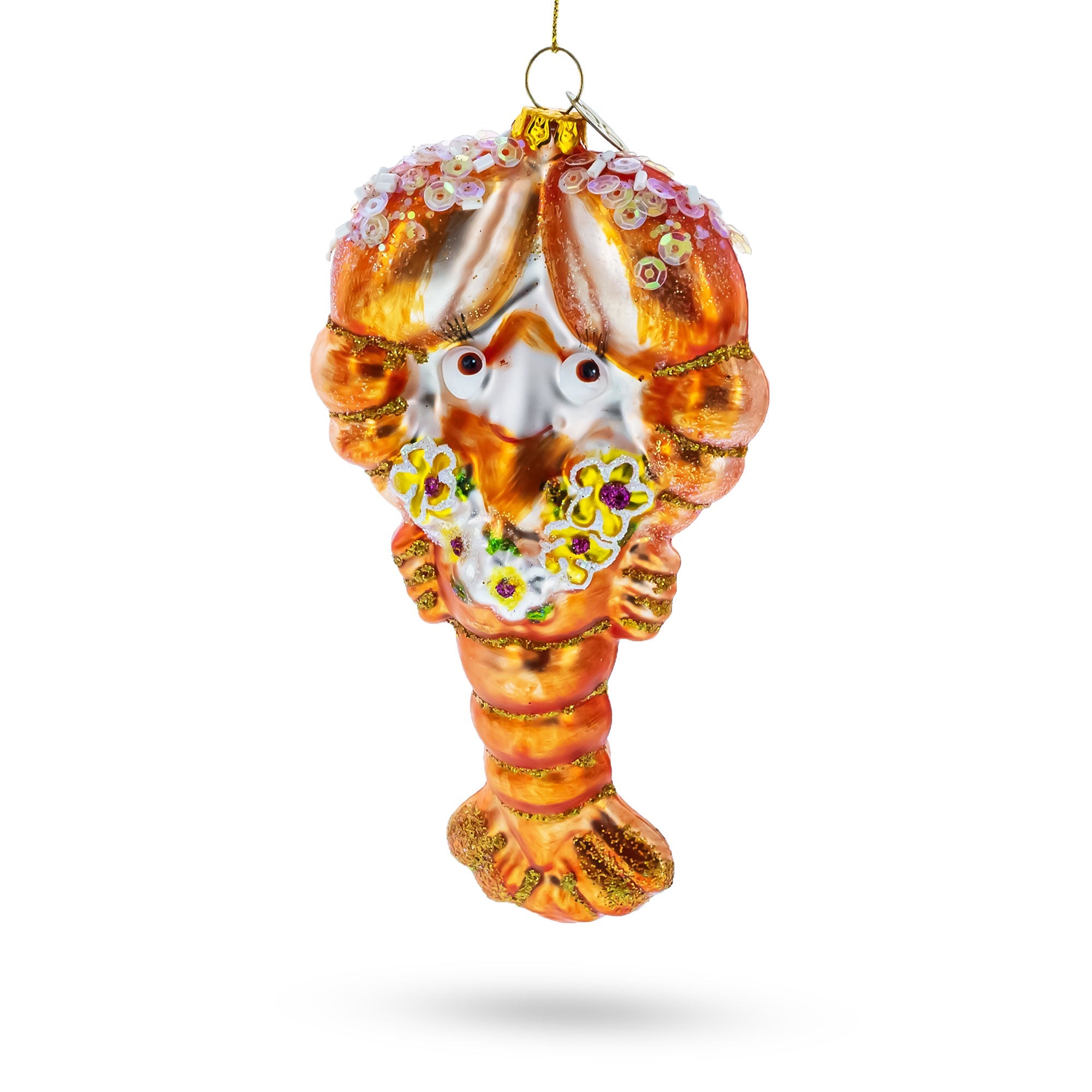 Festive Lobster With Beads - Blown Glass Christmas Ornament