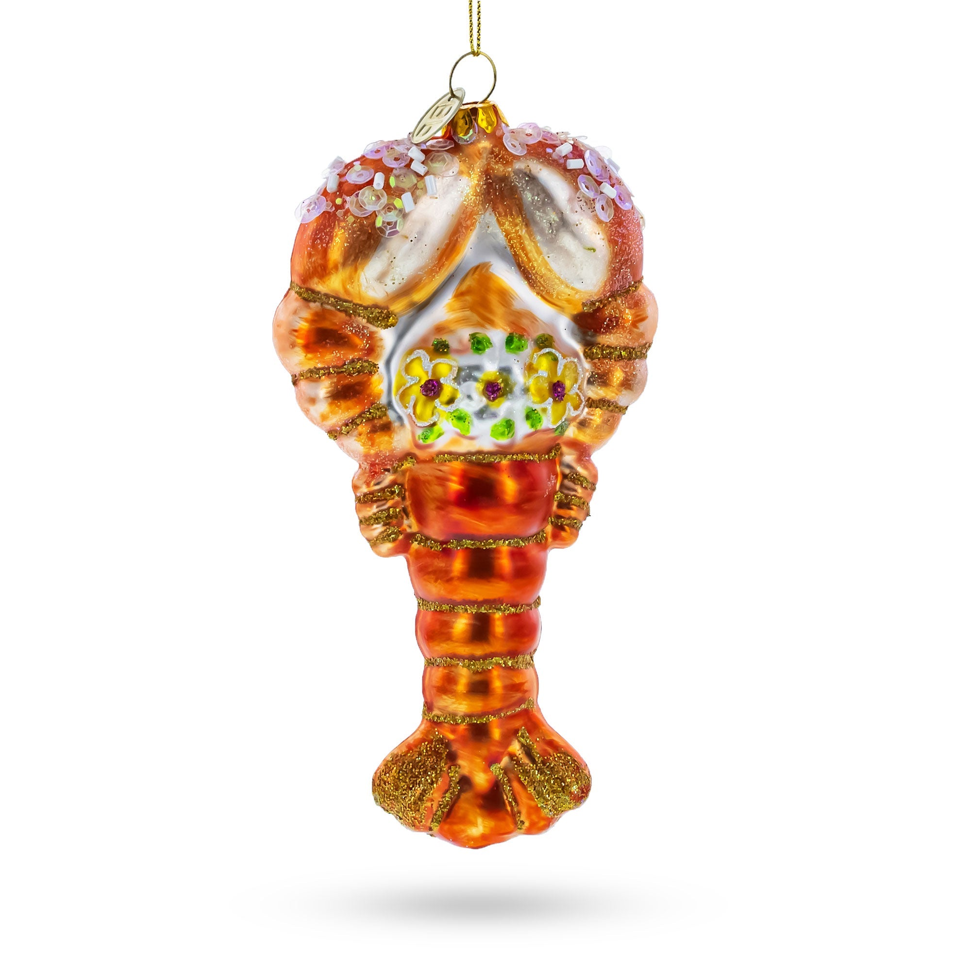 Festive Lobster With Beads - Blown Glass Christmas Ornament