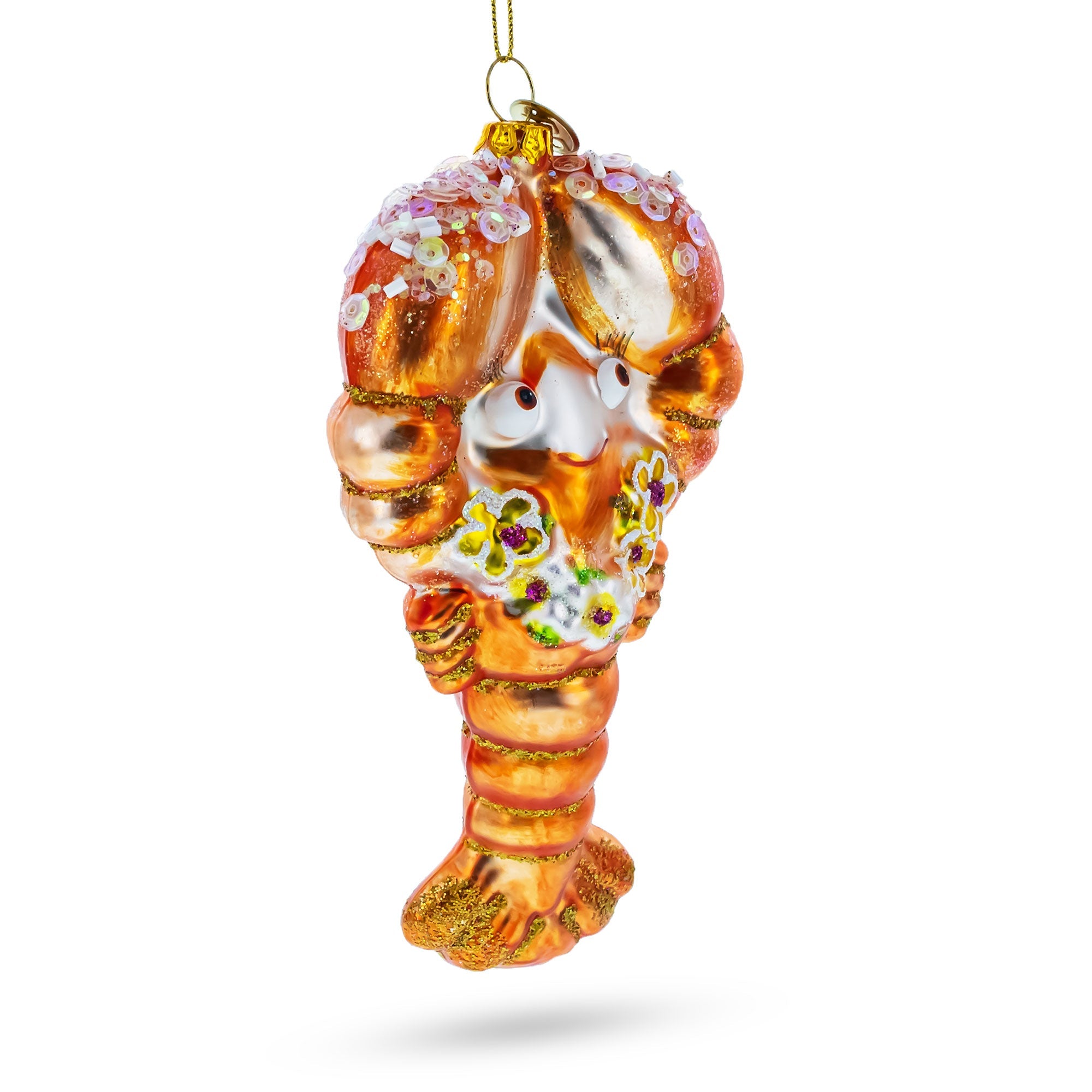 Festive Lobster With Beads - Blown Glass Christmas Ornament