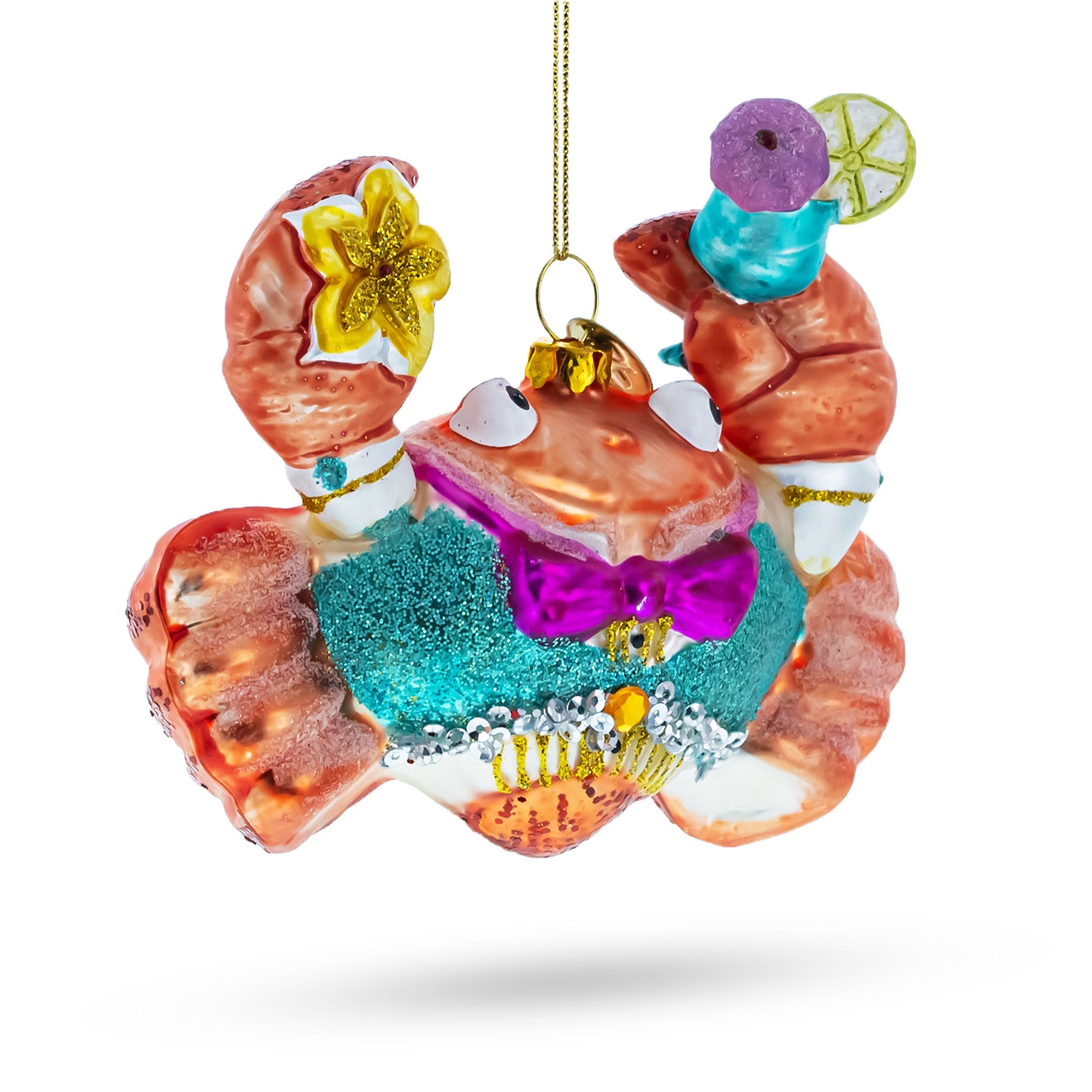 Cheerful Crab At Cocktail Party - Blown Glass Christmas Ornament