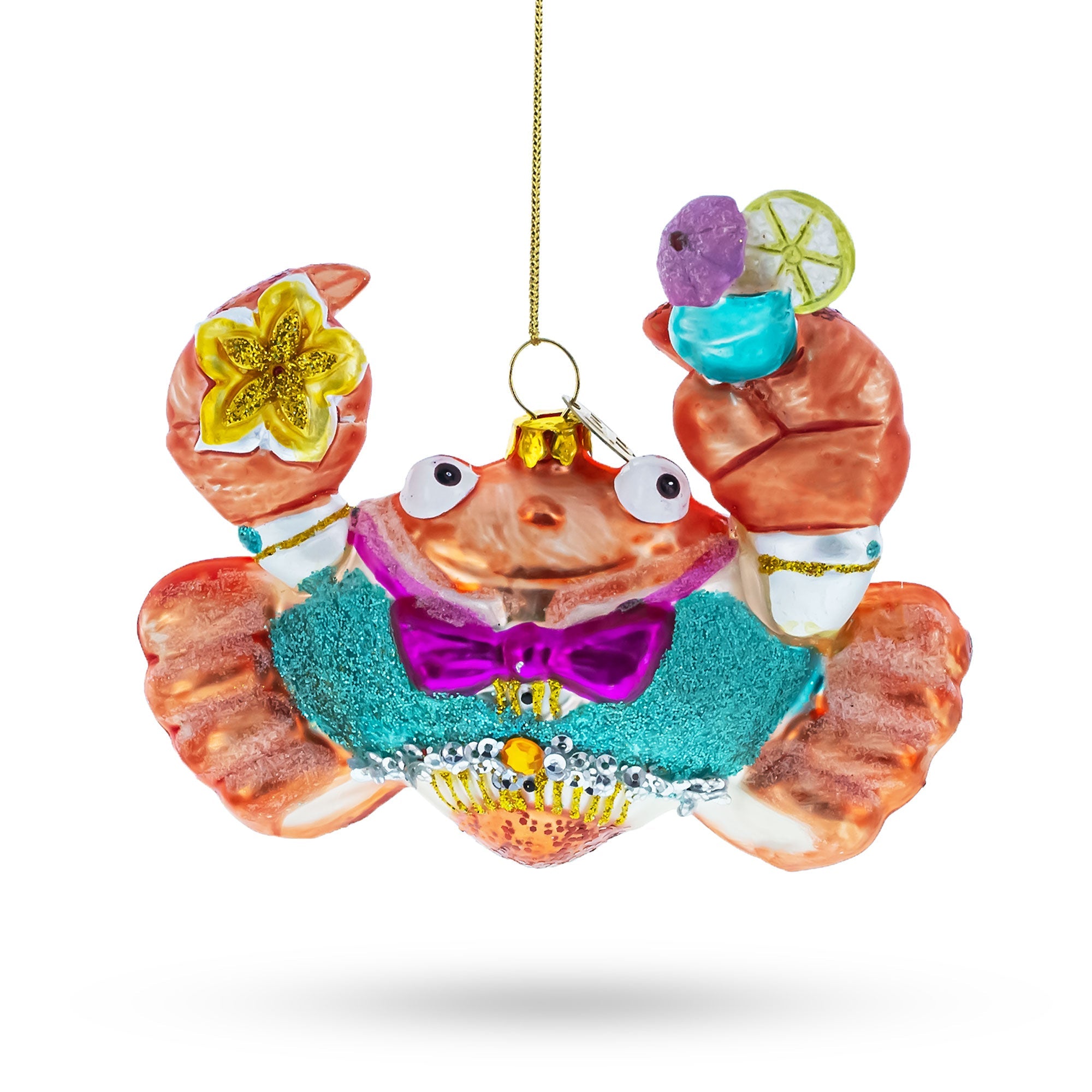 Cheerful Crab At Cocktail Party - Blown Glass Christmas Ornament