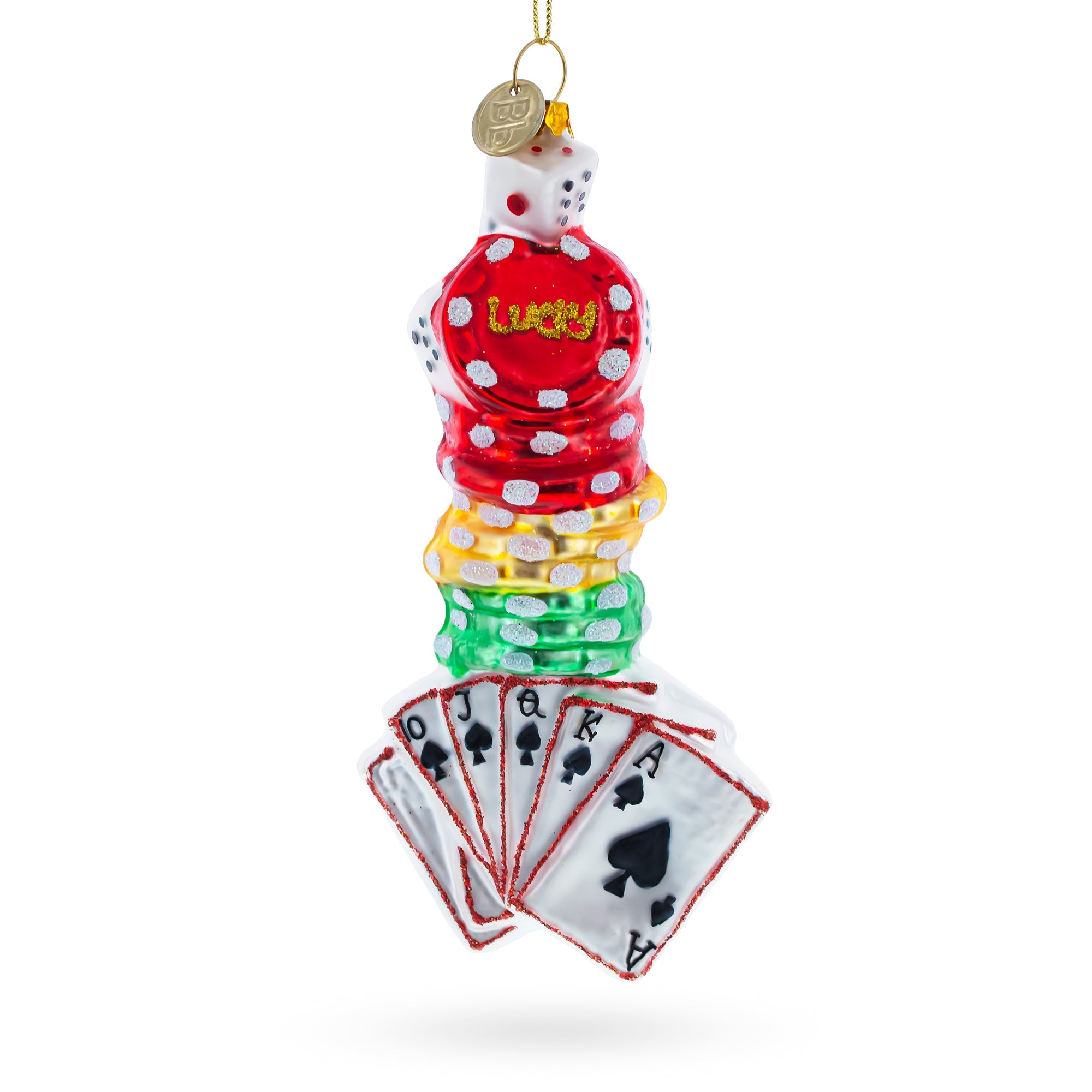 High-stakes Holiday: Casino Poker Chips And Cards - Blown Glass Christmas Ornament