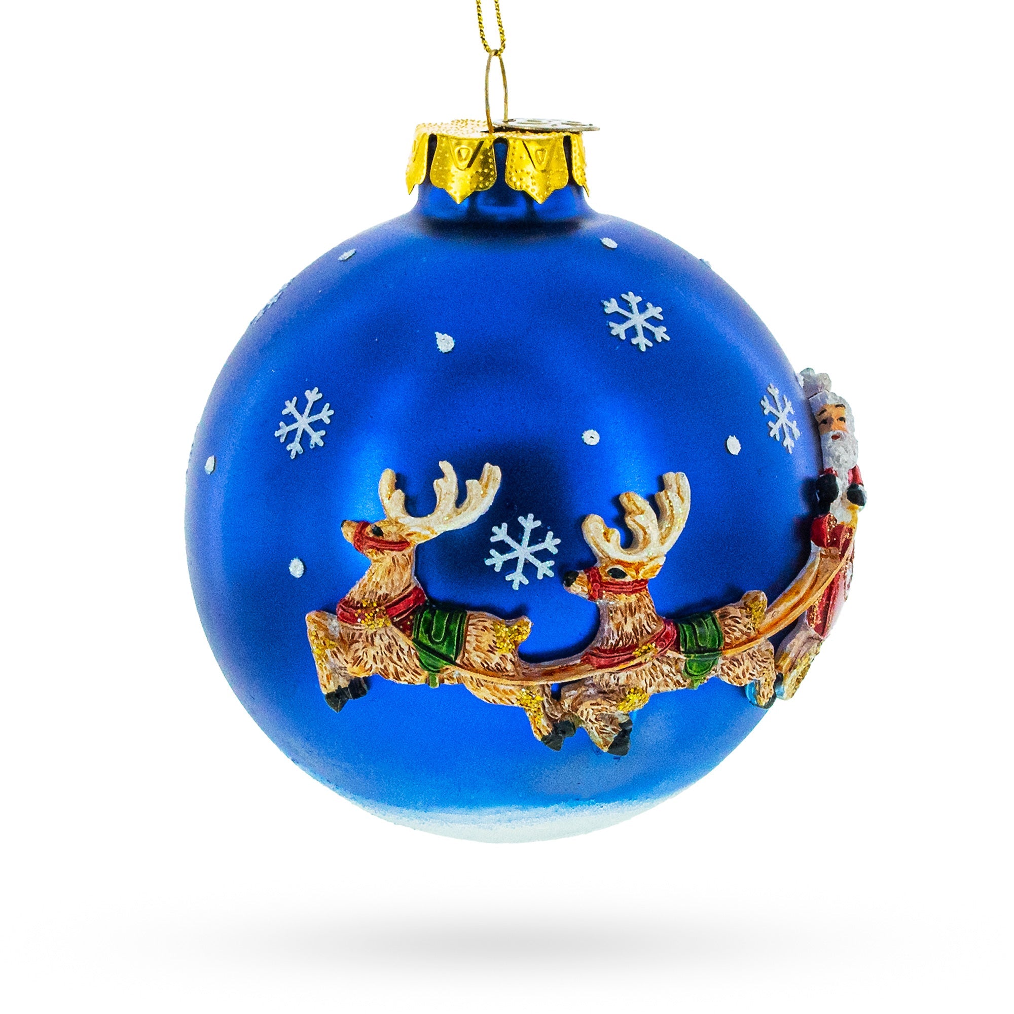 Classic Santa Claus In Sleigh With Reindeer - Blown Glass Christmas Ornament