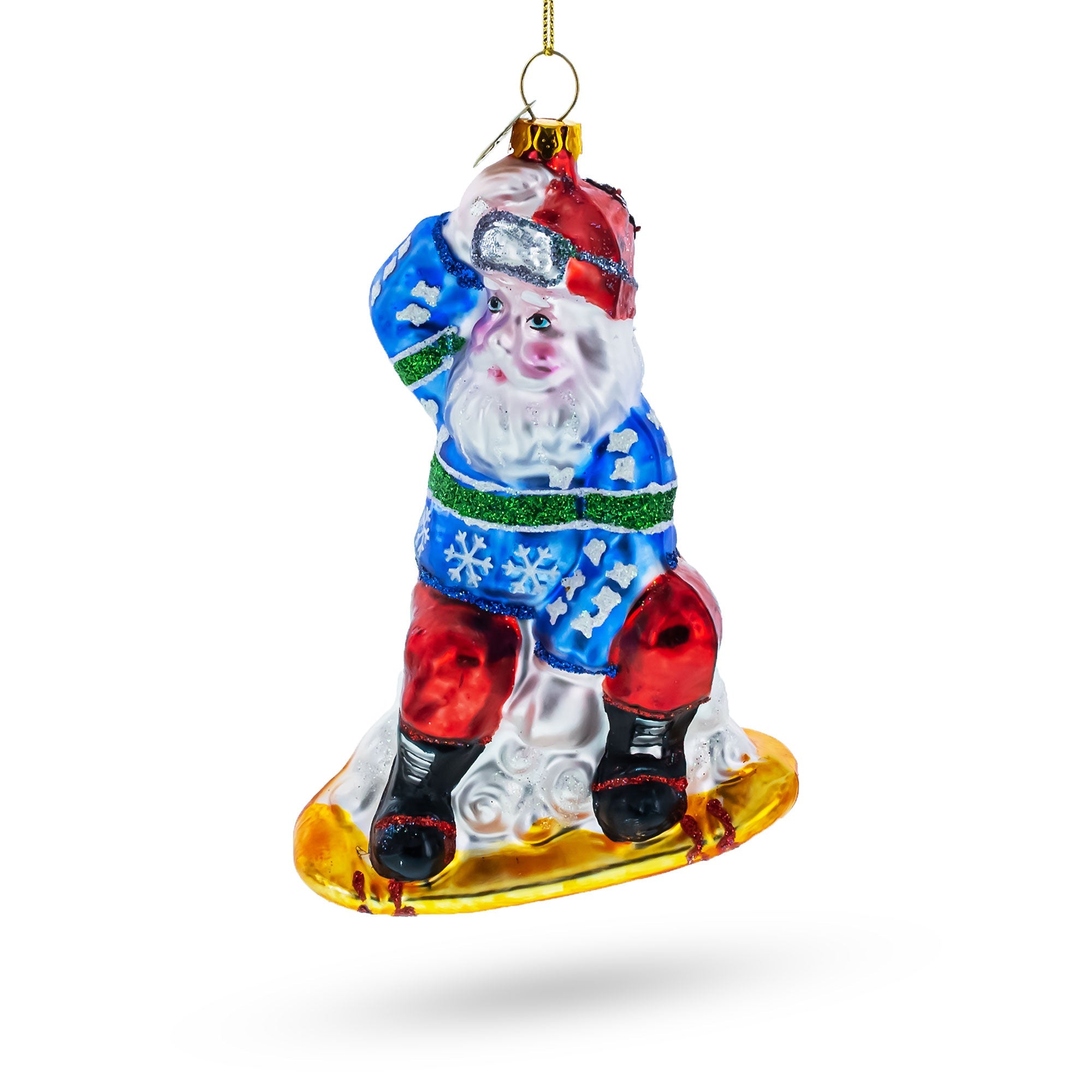 Sporty Santa On Snowboard - Blown Glass Christmas Ornament