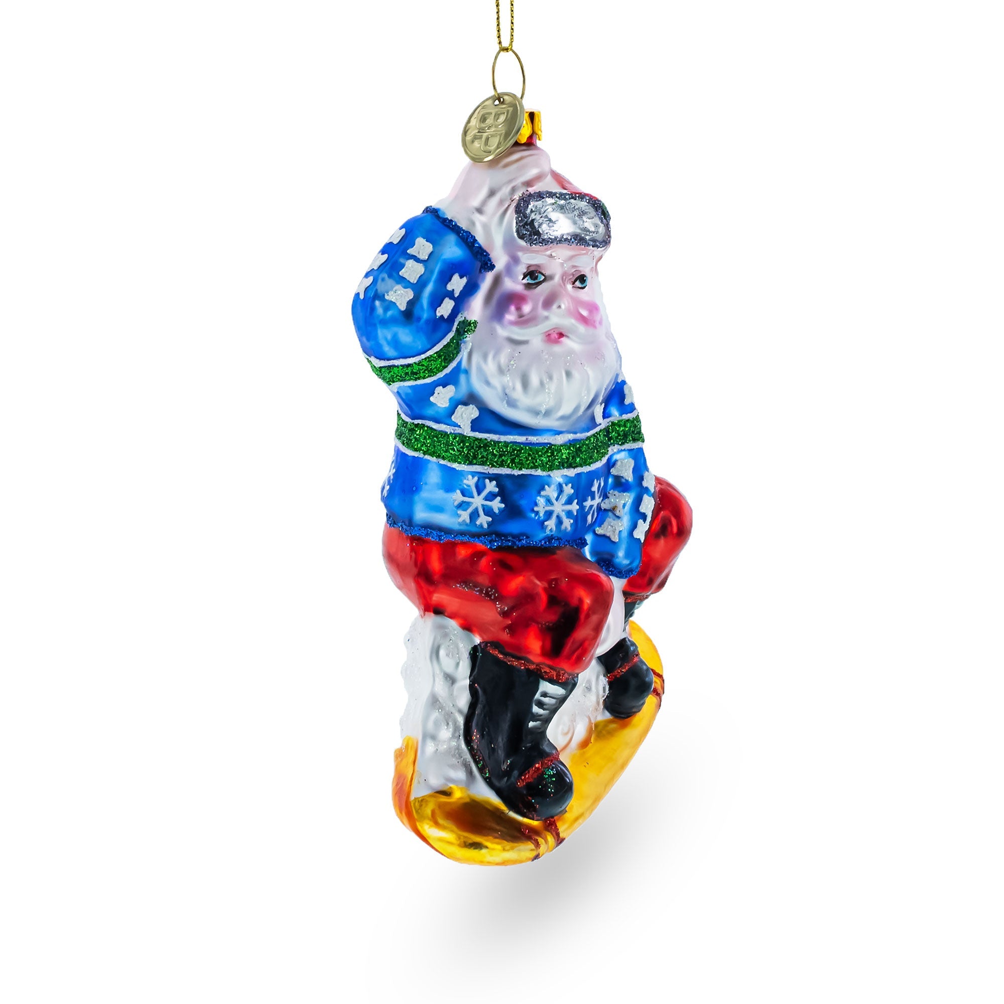 Sporty Santa On Snowboard - Blown Glass Christmas Ornament