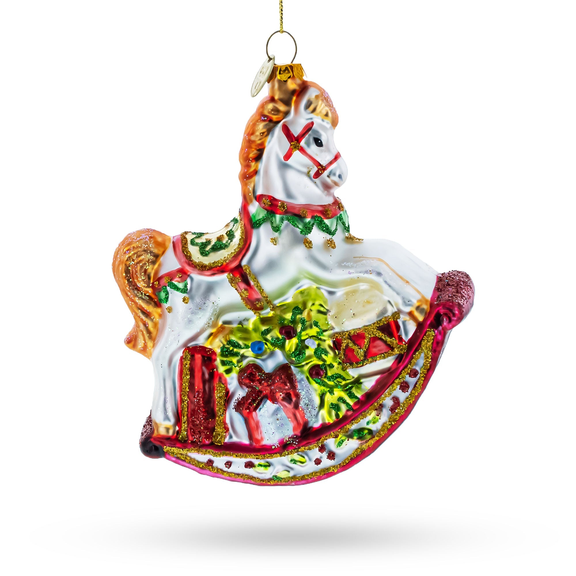 Traditional Rocking Horse With Gifts - Blown Glass Christmas Ornament