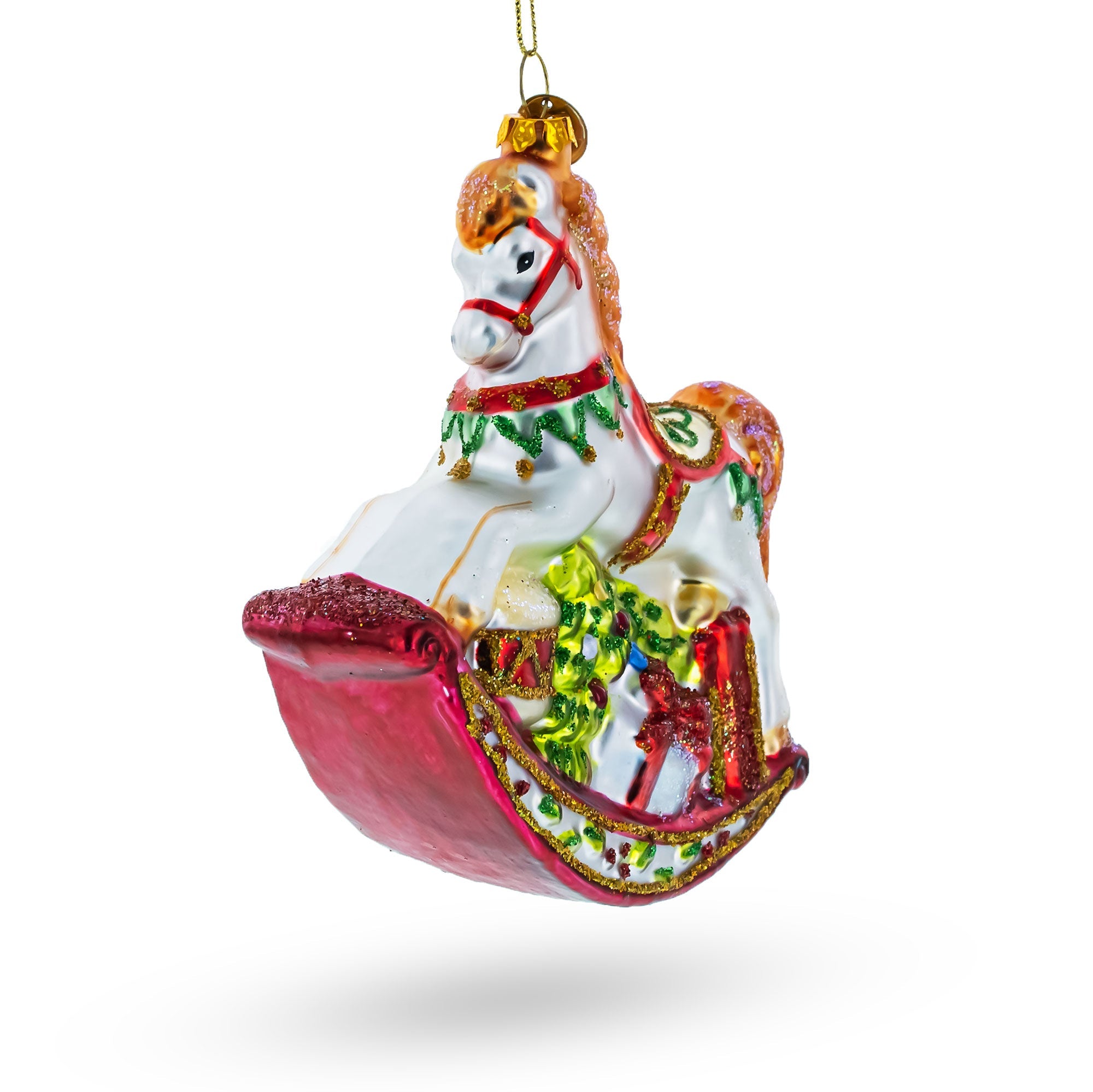 Traditional Rocking Horse With Gifts - Blown Glass Christmas Ornament