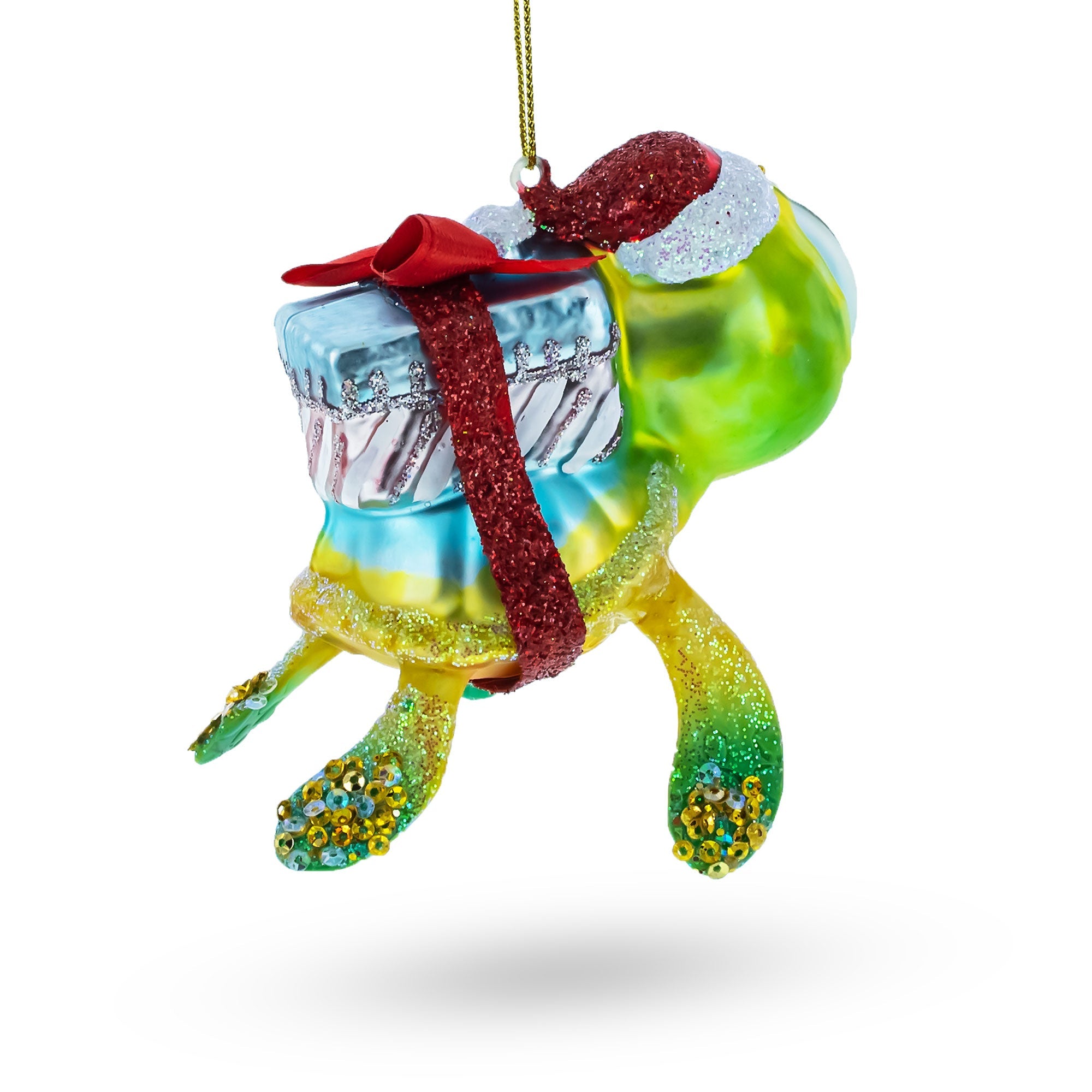 Adorable Baby Turtle Carrying Gifts - Blown Glass Christmas Ornament