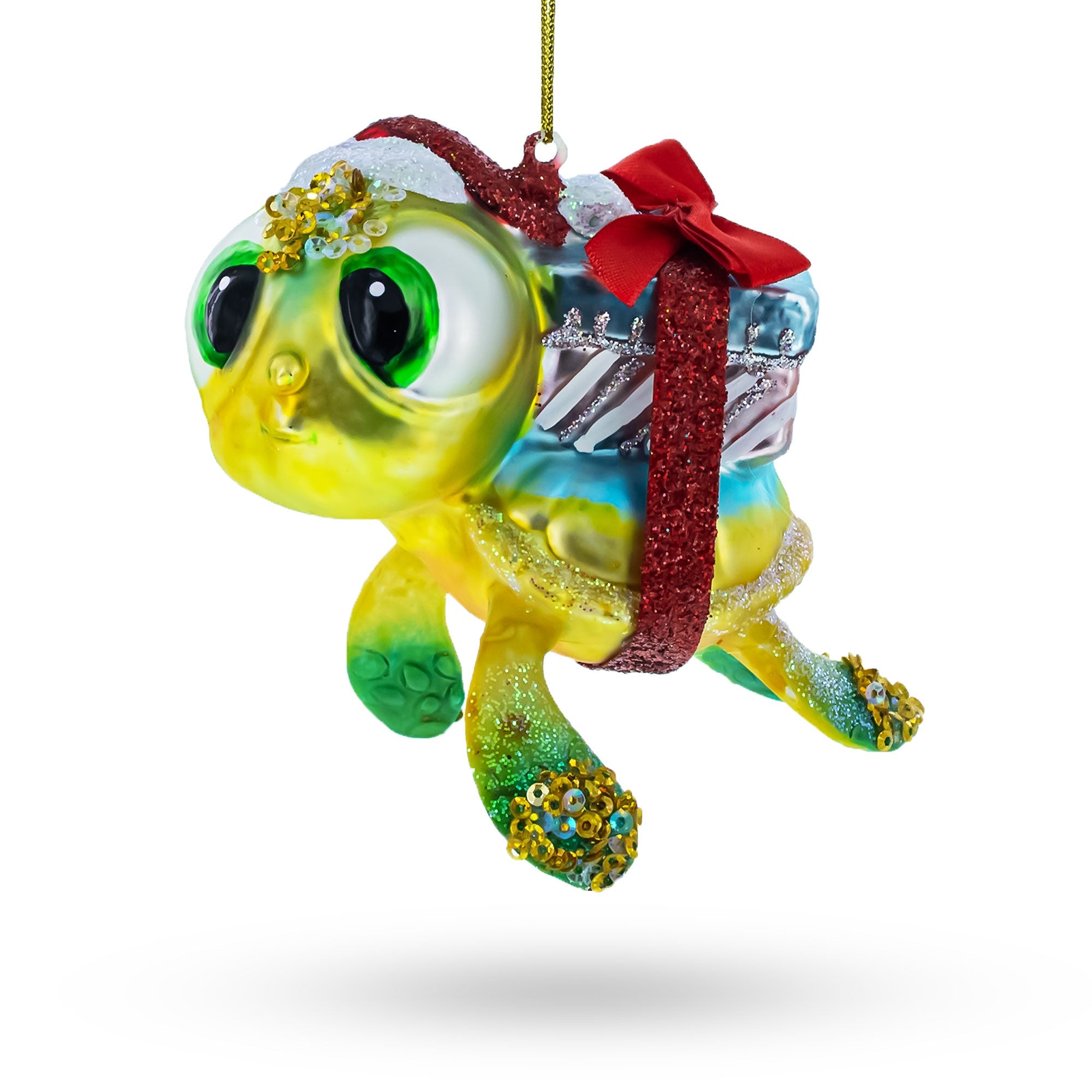 Adorable Baby Turtle Carrying Gifts - Blown Glass Christmas Ornament