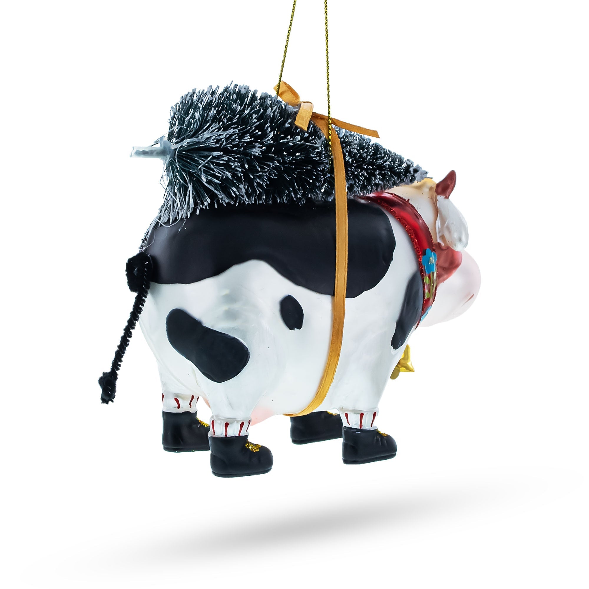 Whimsical Cow Carrying Tree - Blown Glass Christmas Ornament