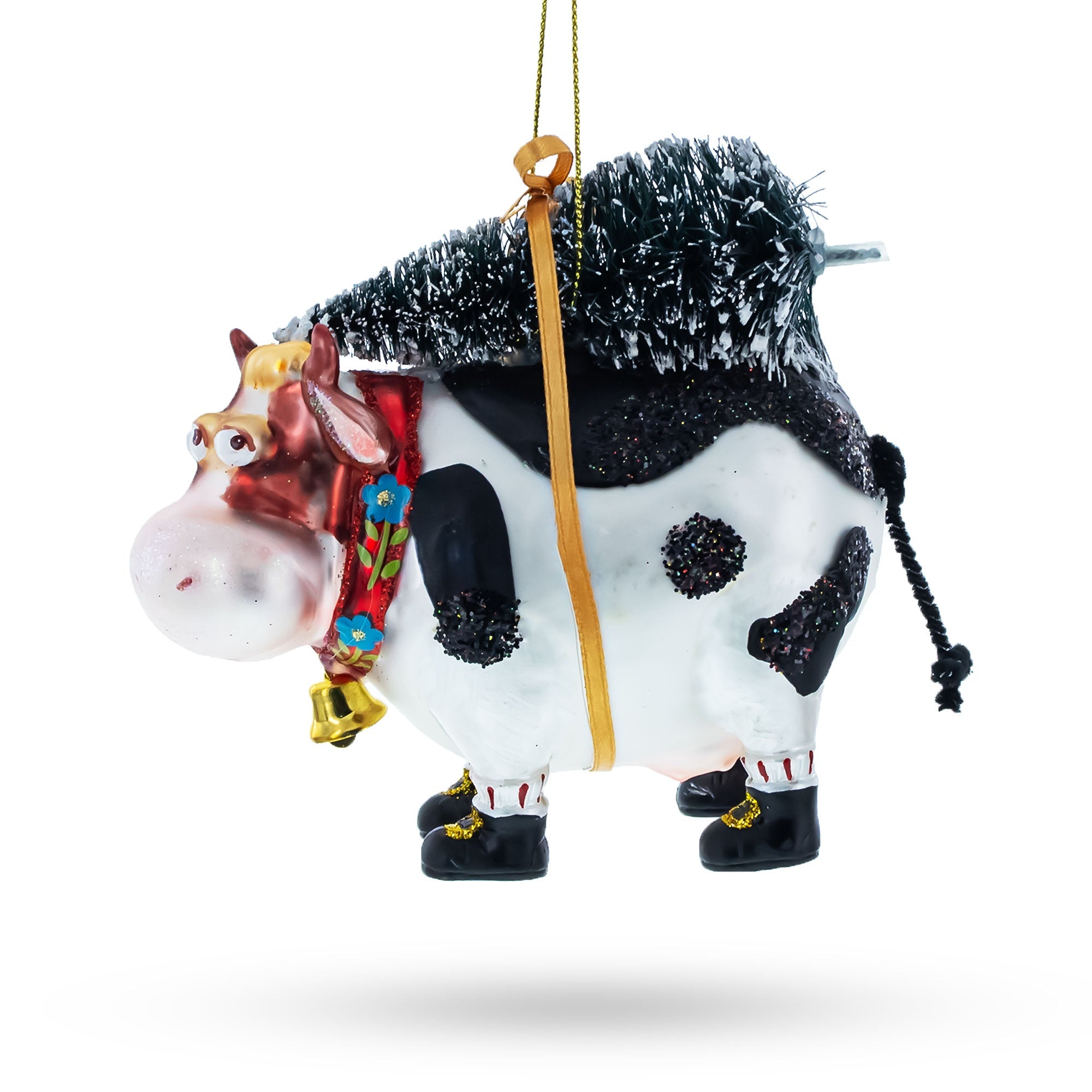 Whimsical Cow Carrying Tree - Blown Glass Christmas Ornament