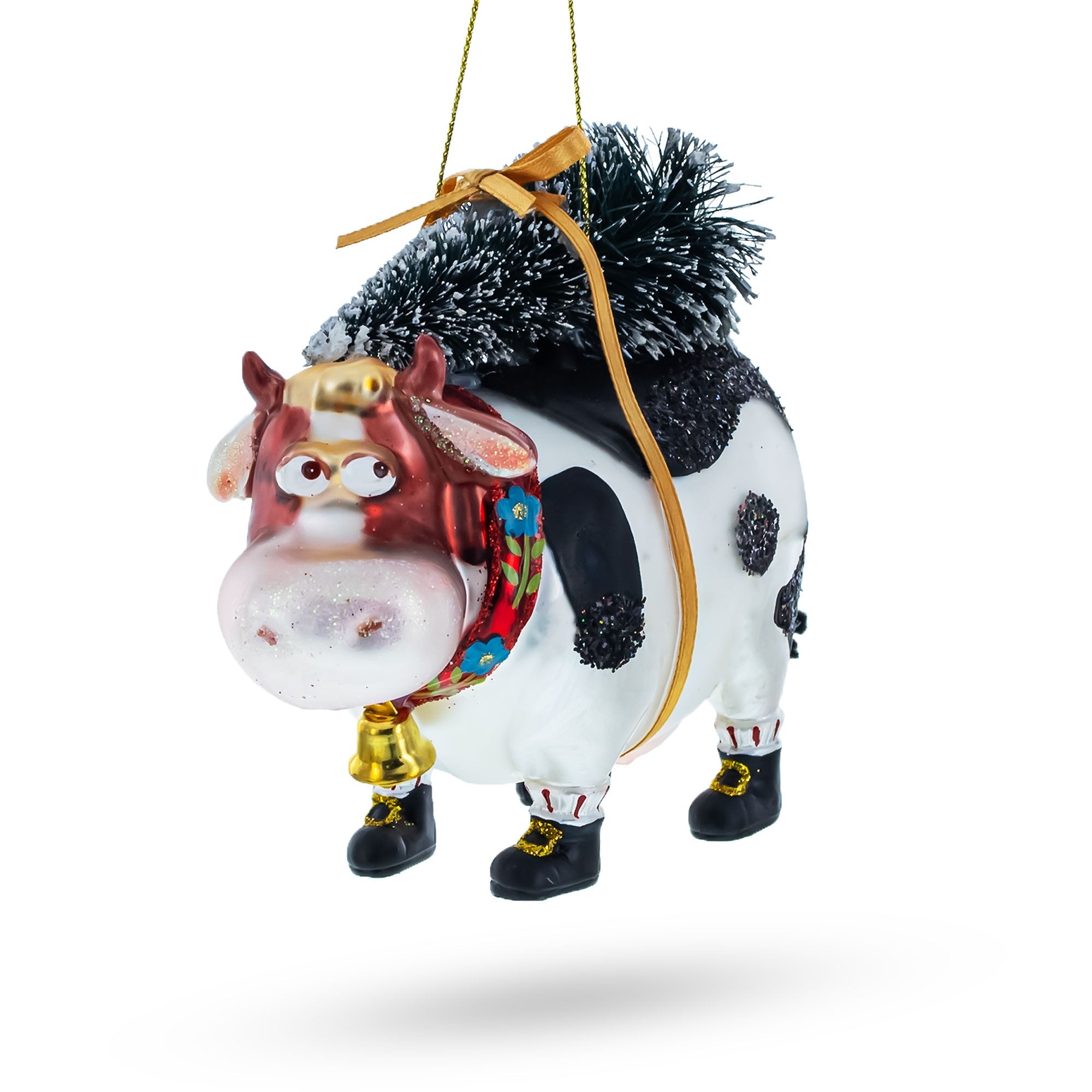 Whimsical Cow Carrying Tree - Blown Glass Christmas Ornament