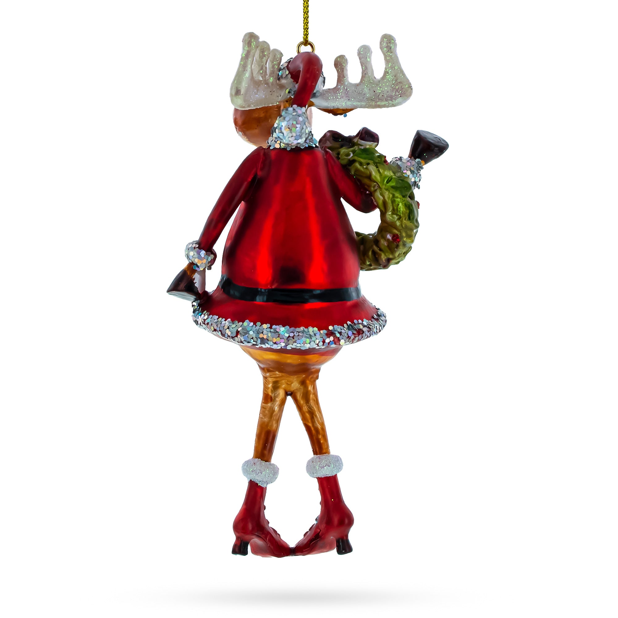 Elegant Reindeer Lady Adorned With Christmas Wreath - Festive Blown Glass Christmas Ornament