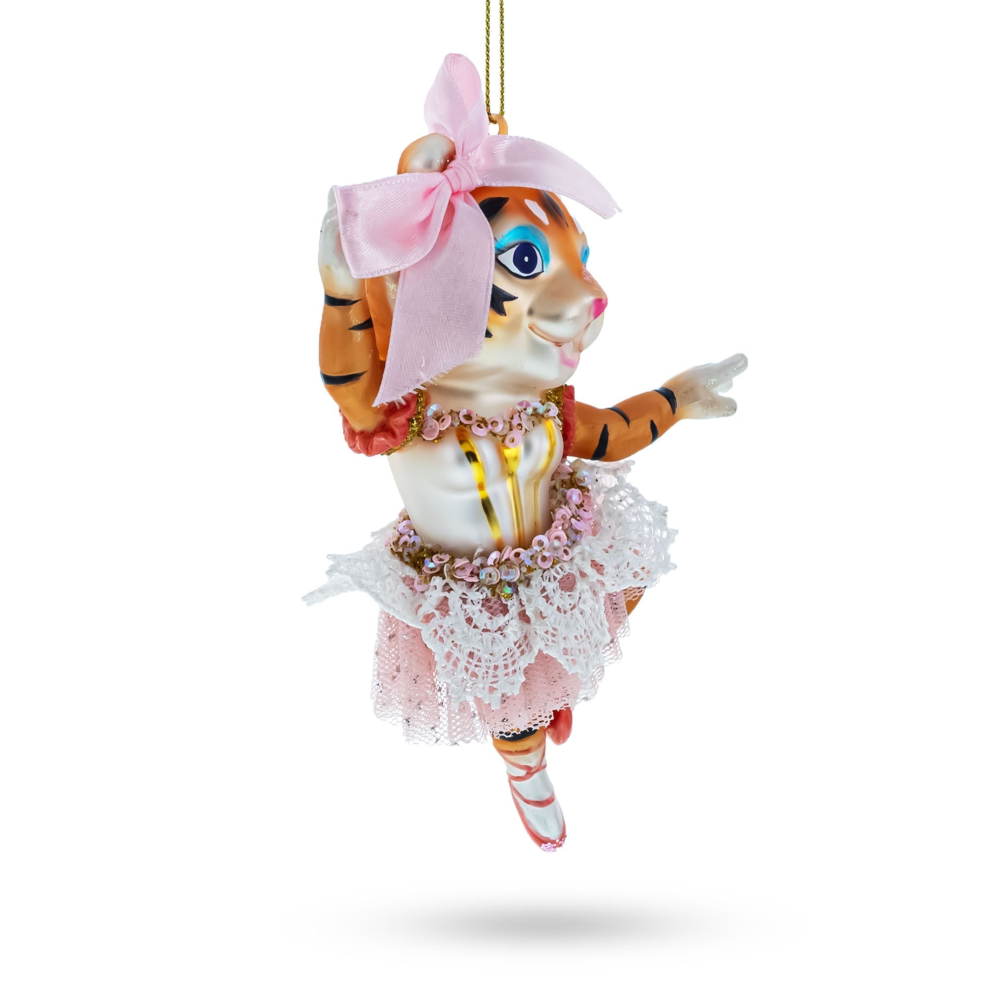 Elegant Lady Tiger In Pink Dress - Blown Glass Christmas Ornament