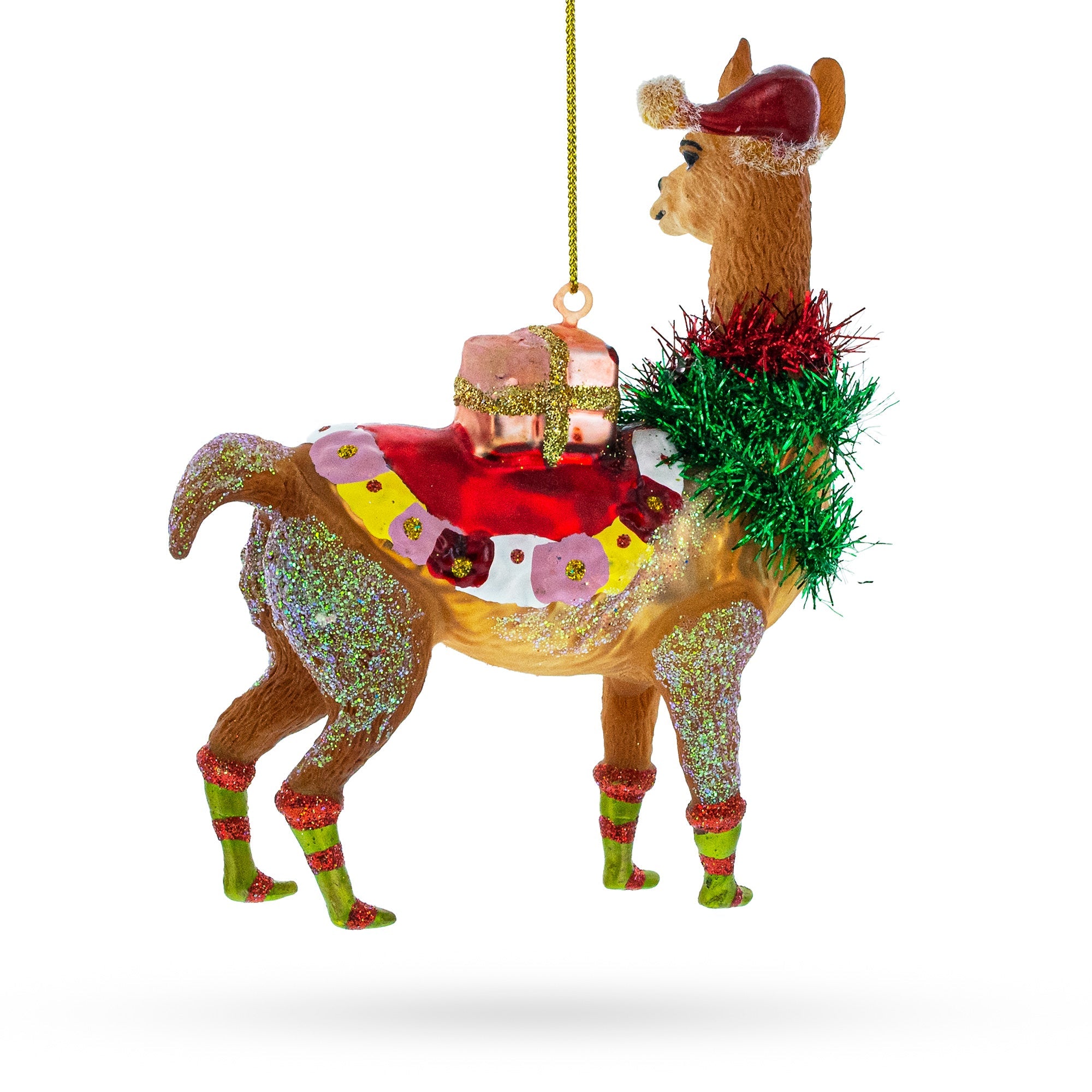 Festive Lama With Gifts - Blown Glass Christmas Ornament