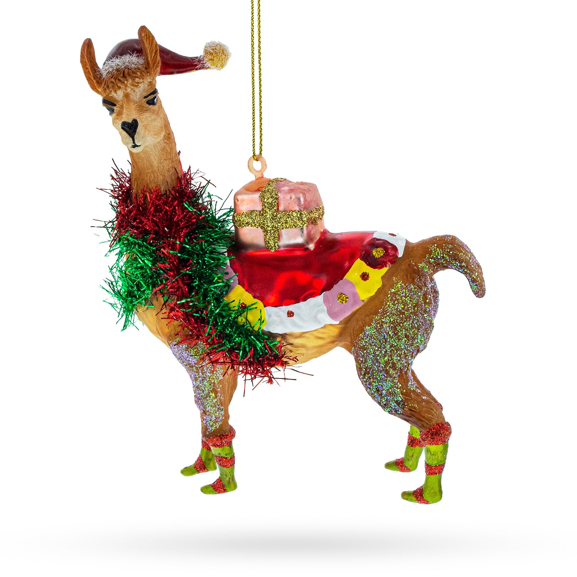 Festive Lama With Gifts - Blown Glass Christmas Ornament