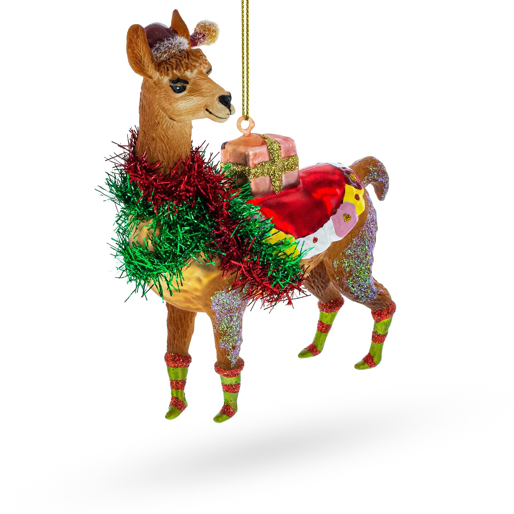 Festive Lama With Gifts - Blown Glass Christmas Ornament