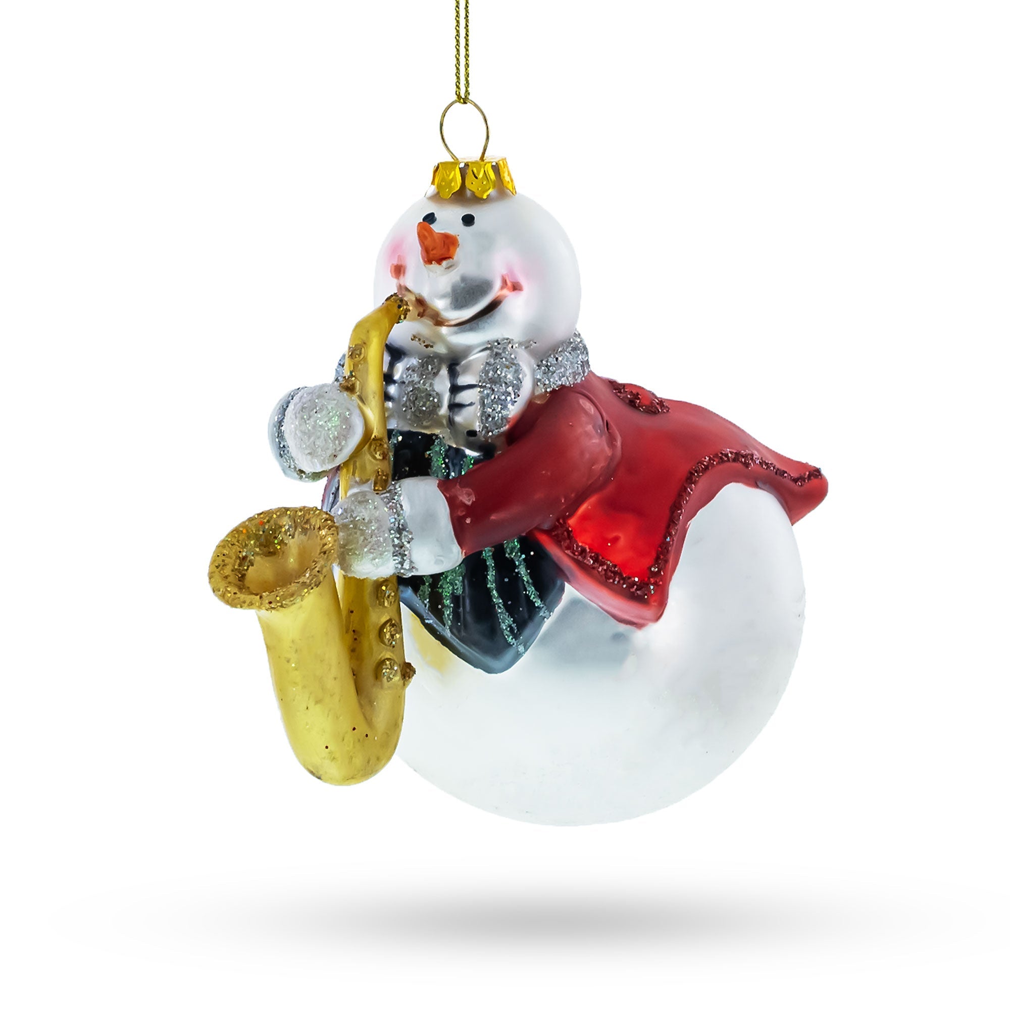 Jazzy Snowman Playing Saxophone - Blown Glass Christmas Ornament