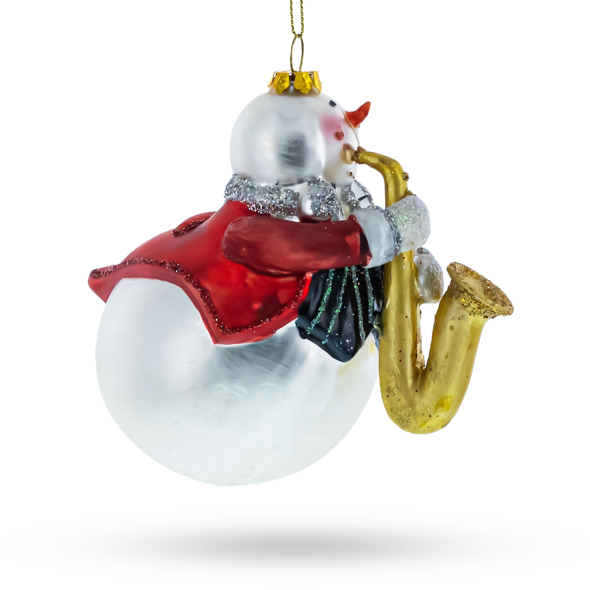 Jazzy Snowman Playing Saxophone - Blown Glass Christmas Ornament