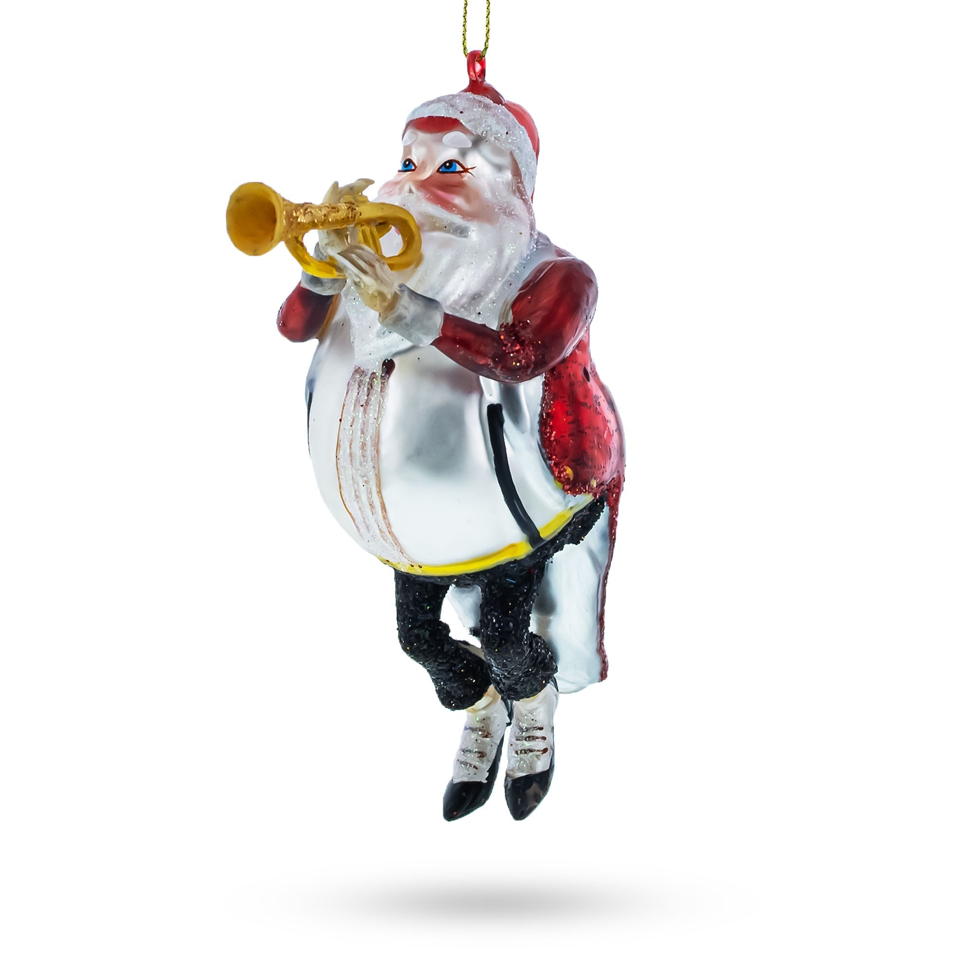 Festive Santa Blowing Trumpet - Blown Glass Christmas Ornament