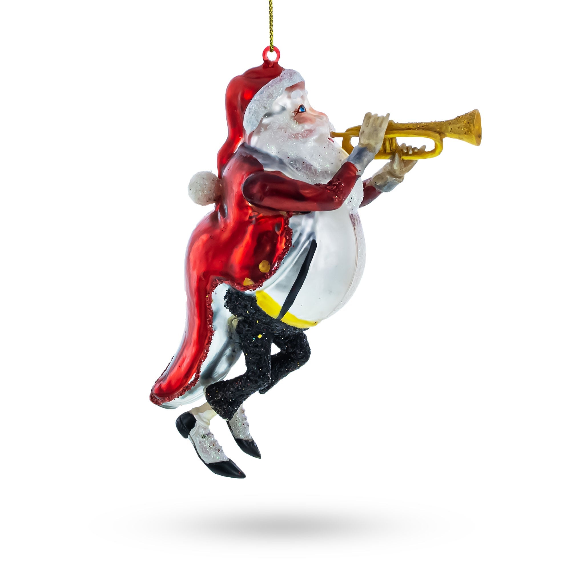 Festive Santa Blowing Trumpet - Blown Glass Christmas Ornament