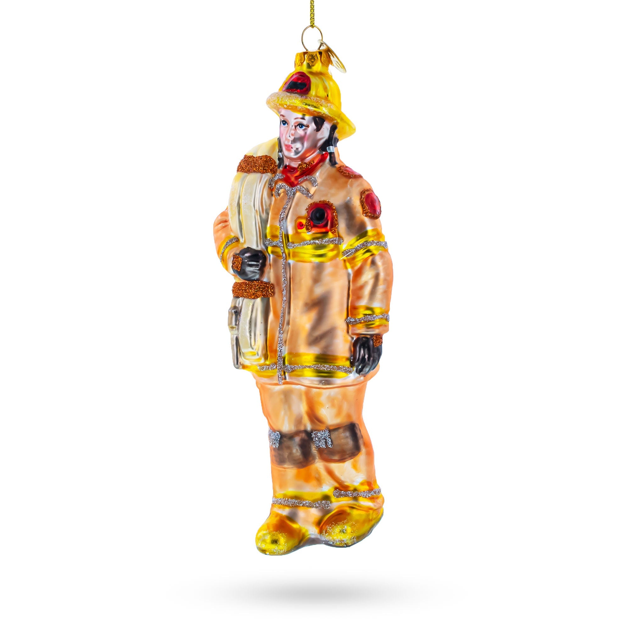 Heroic Fireman With Hose Blown Glass Christmas Ornament