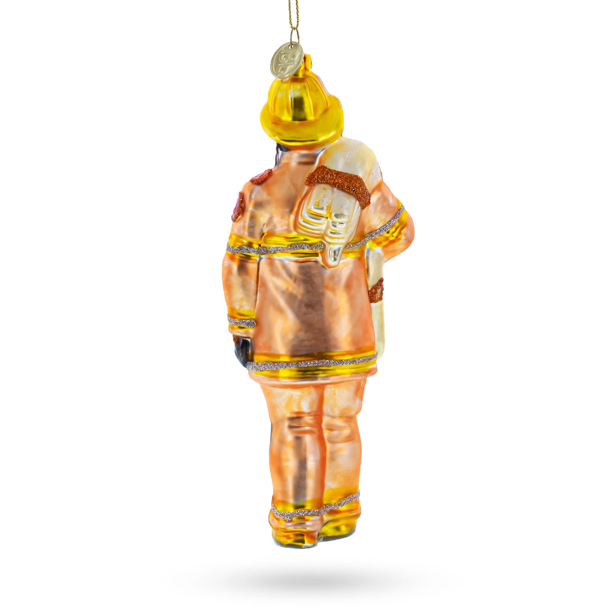 Heroic Fireman With Hose Blown Glass Christmas Ornament