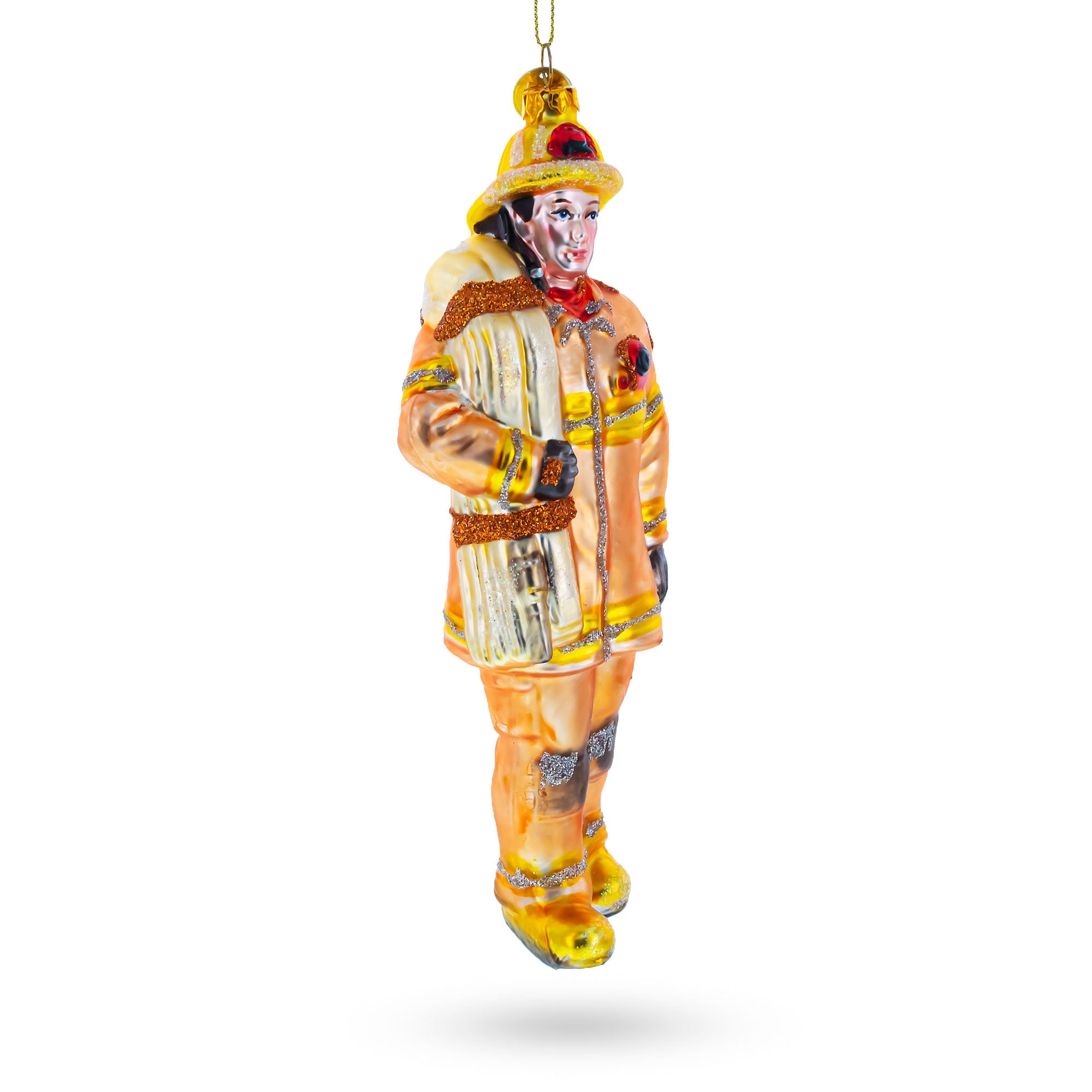 Heroic Fireman With Hose Blown Glass Christmas Ornament