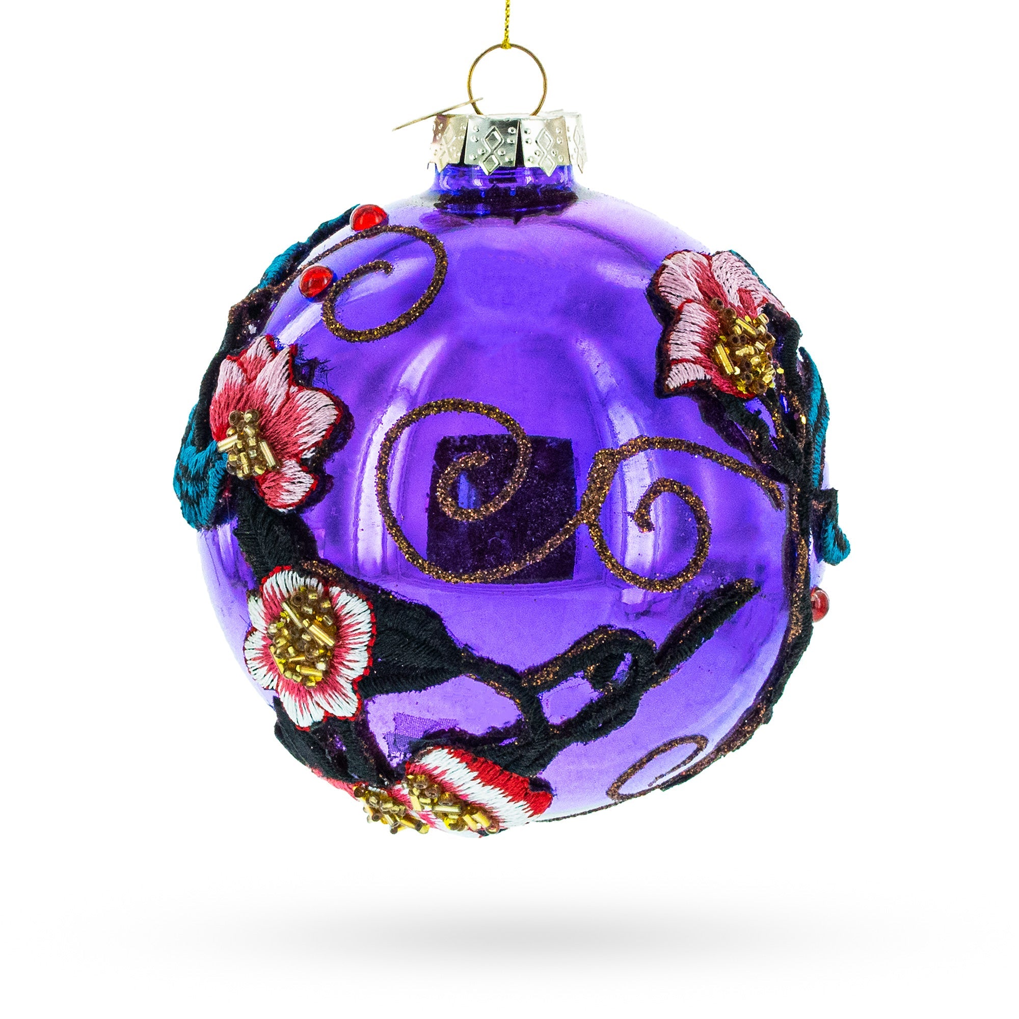 Intricate Embroidered Flowers On Purple Blown Glass Ball Christmas Ornament