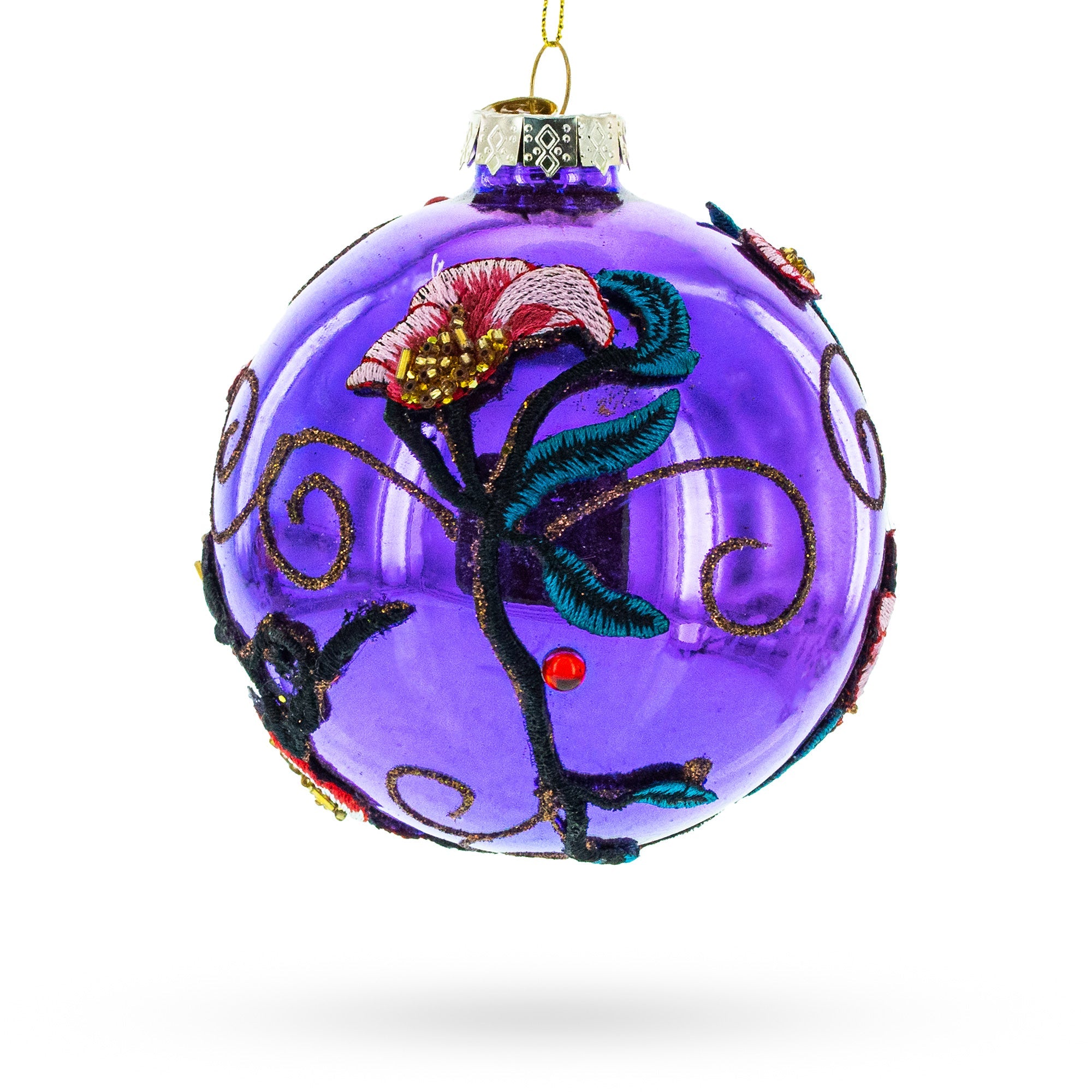 Intricate Embroidered Flowers On Purple Blown Glass Ball Christmas Ornament