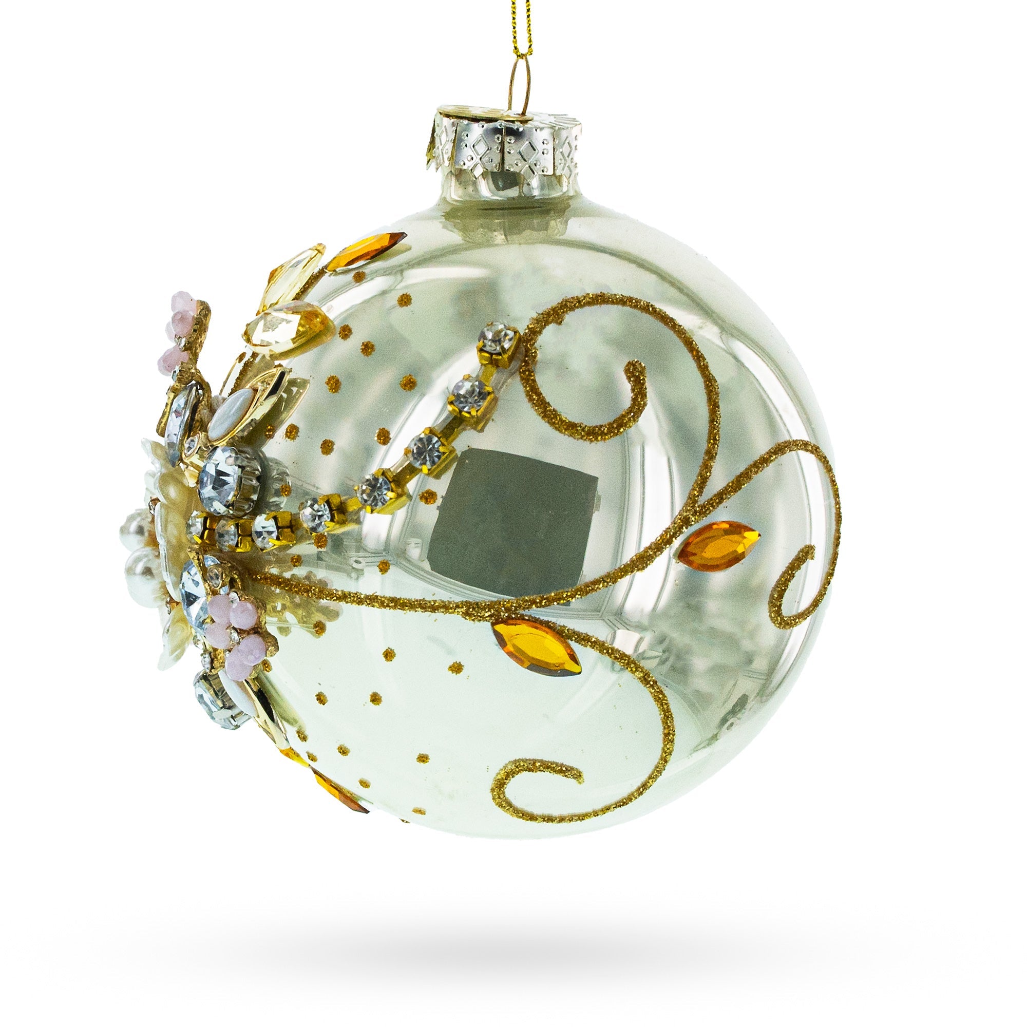 Exquisite Jeweled Flowers Adorning - Blown Glass Ball Christmas Ornament