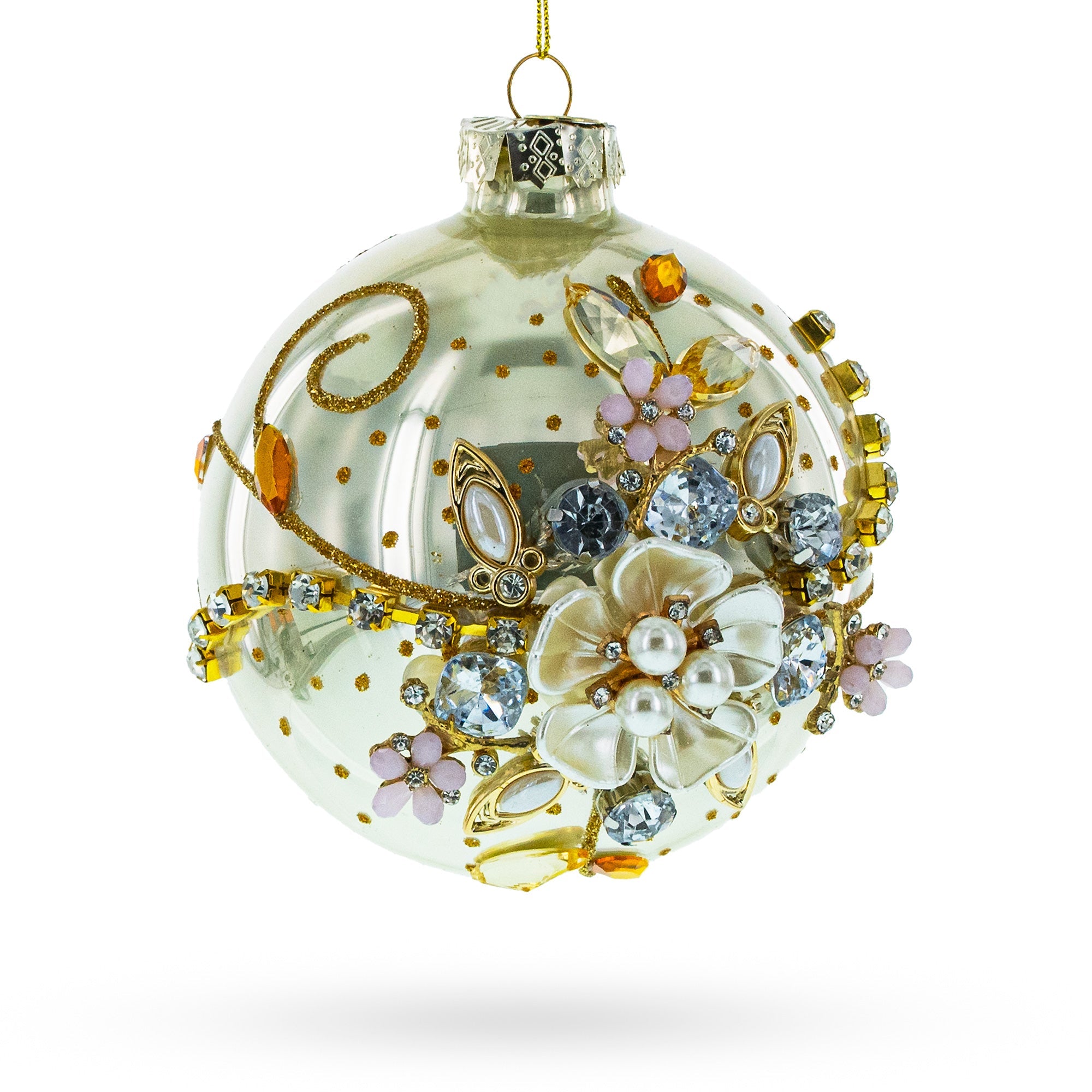 Exquisite Jeweled Flowers Adorning - Blown Glass Ball Christmas Ornament