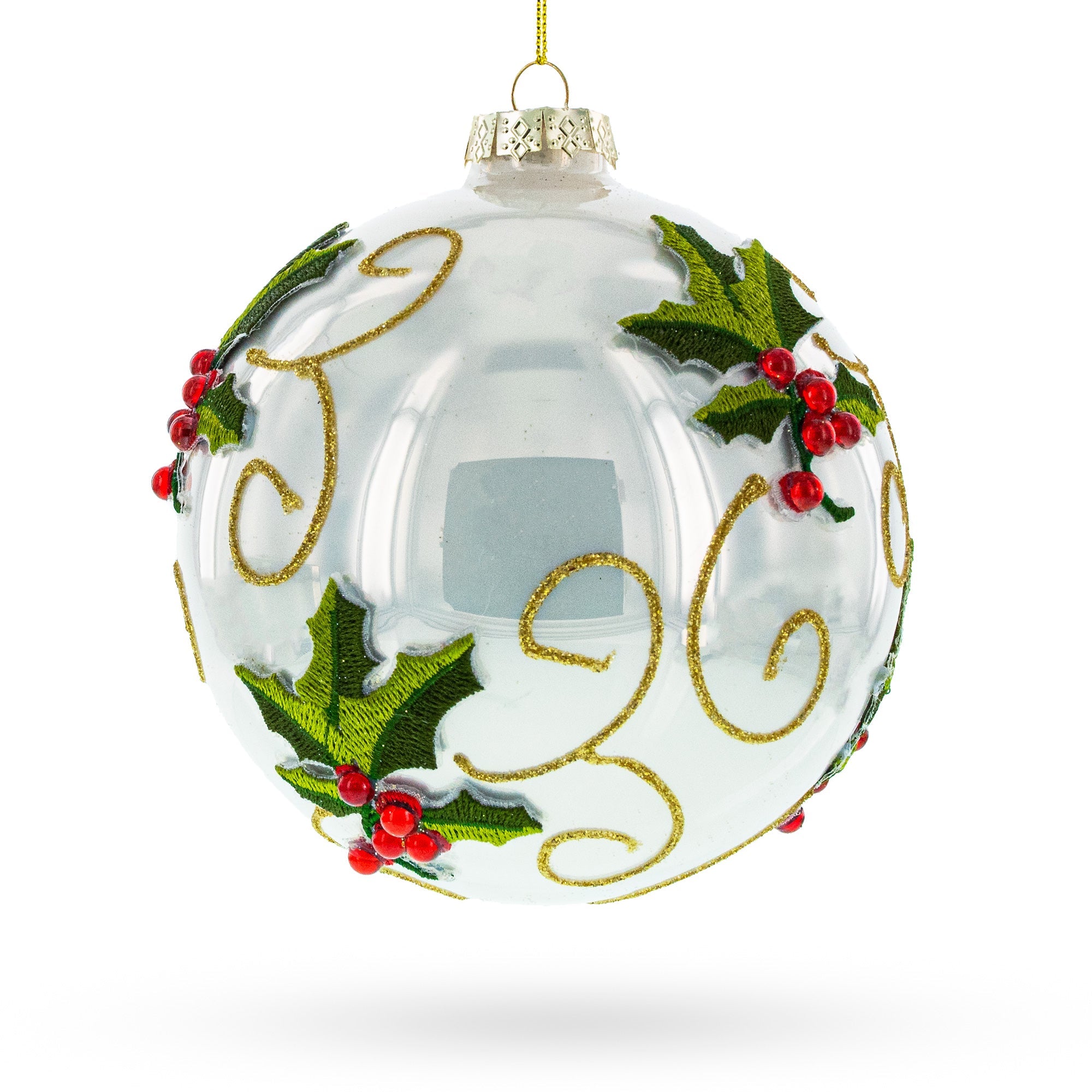 Exquisite Embroidered Poinsettia - Blown Glass Ball Christmas Ornament