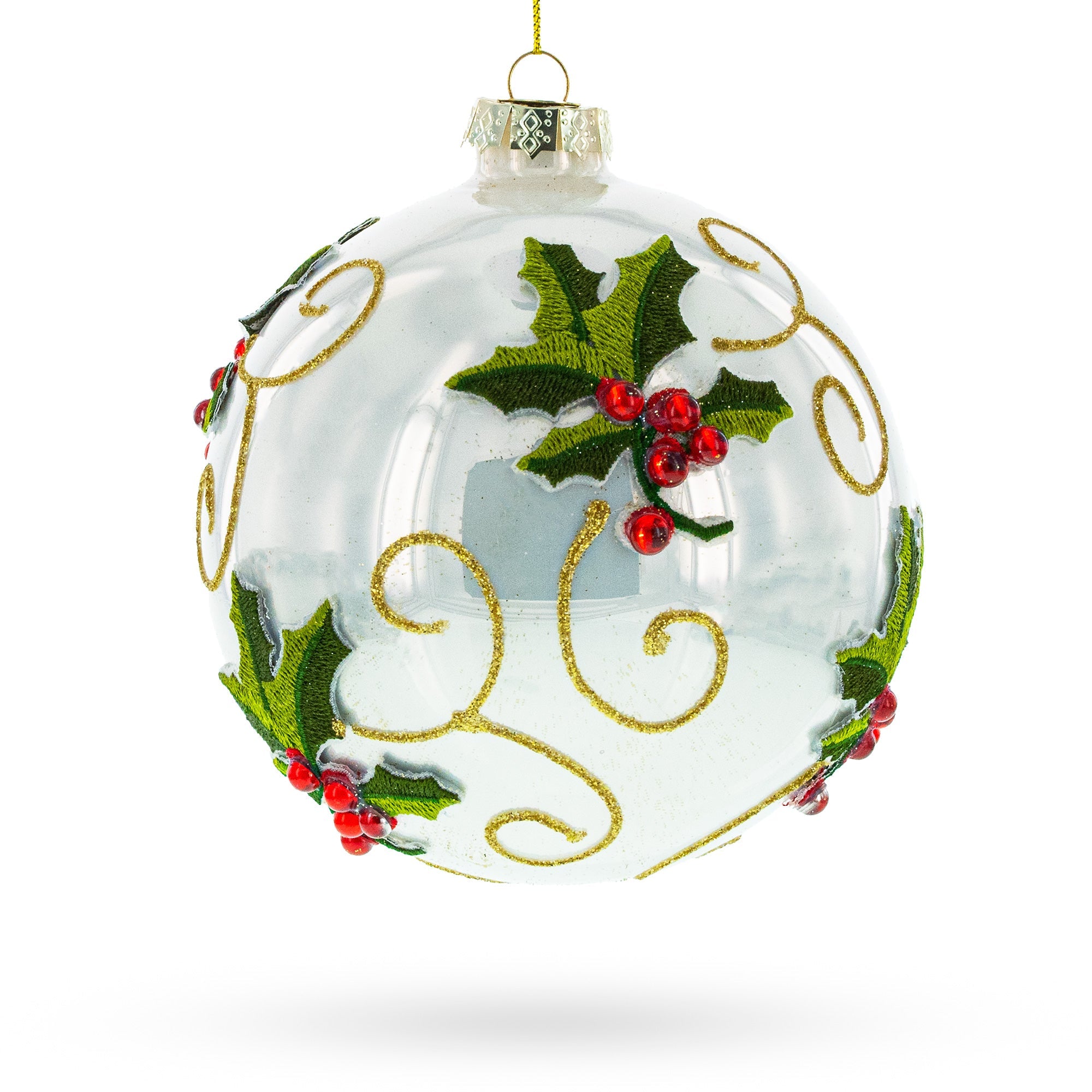 Exquisite Embroidered Poinsettia - Blown Glass Ball Christmas Ornament