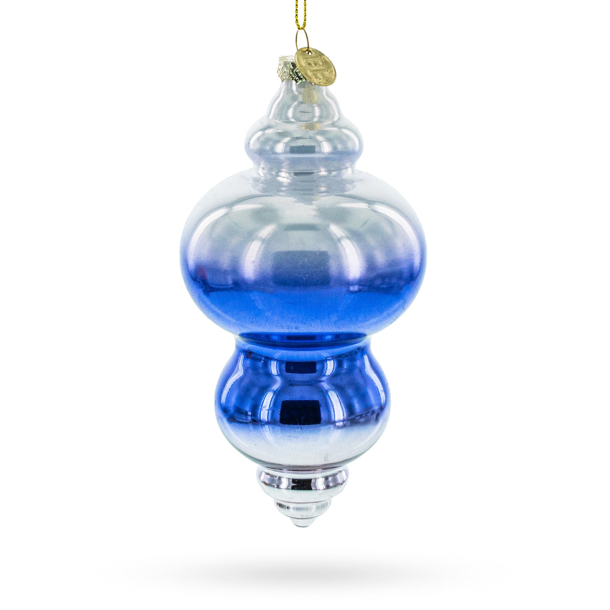 Elegant Silver-topped Blue Finial Blown Glass Christmas Ornament