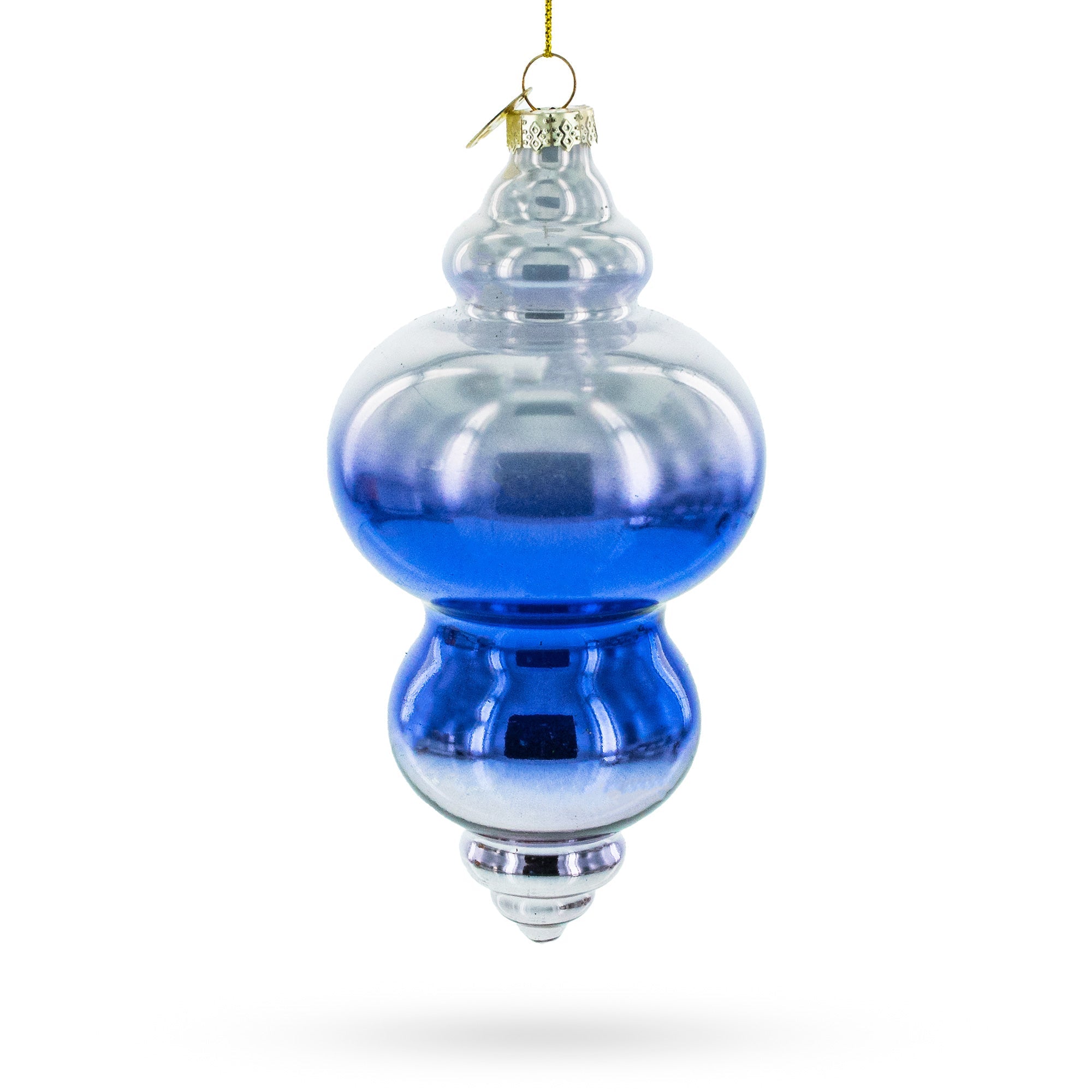 Elegant Silver-topped Blue Finial Blown Glass Christmas Ornament