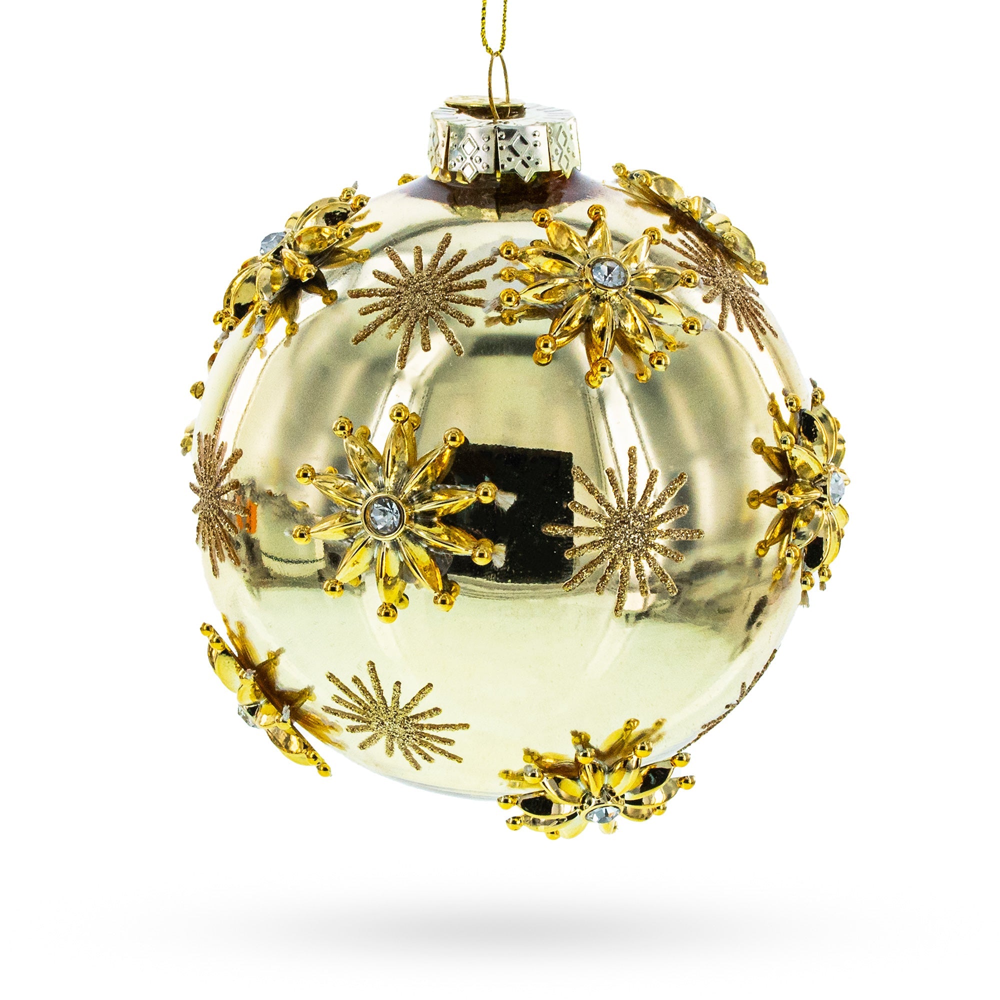 Elegant Jeweled Snowflakes Adorning A Golden Glossy - Blown Glass Ball Christmas Ornament