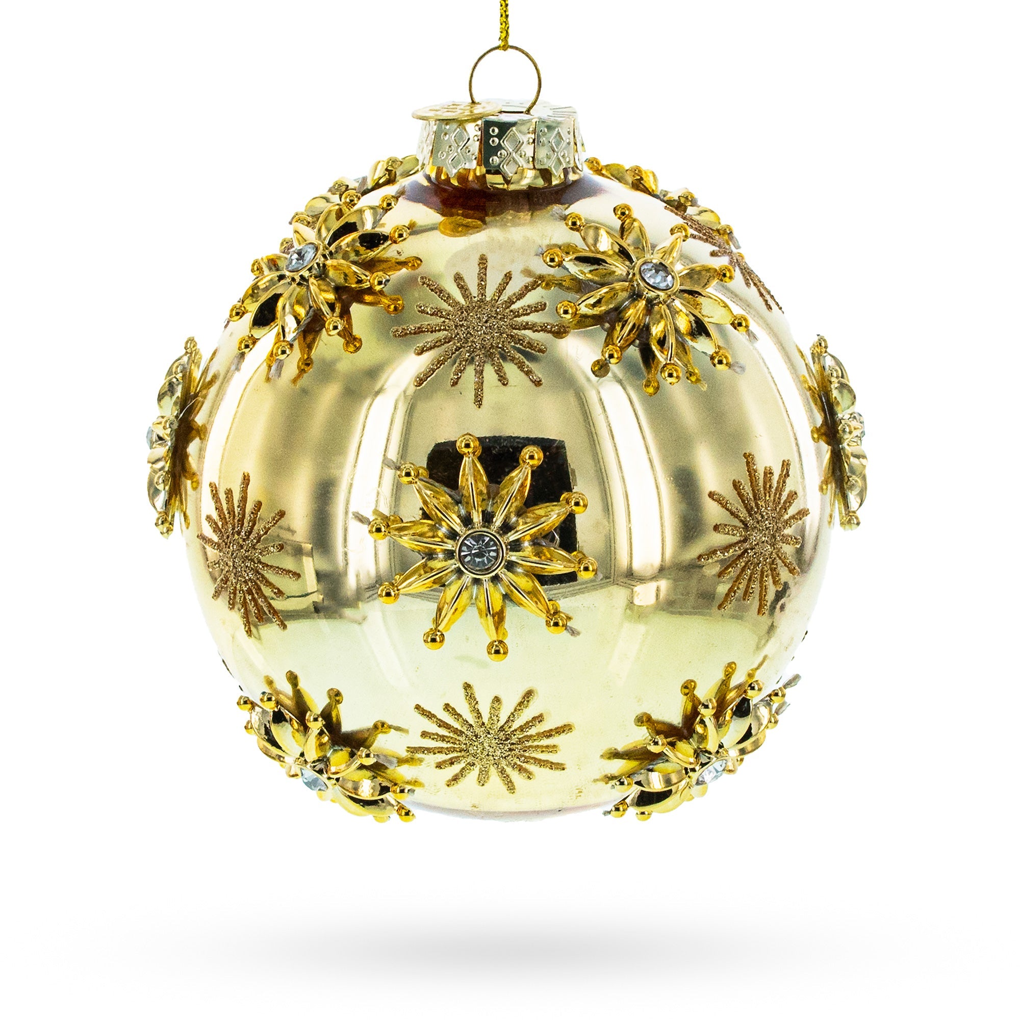 Elegant Jeweled Snowflakes Adorning A Golden Glossy - Blown Glass Ball Christmas Ornament