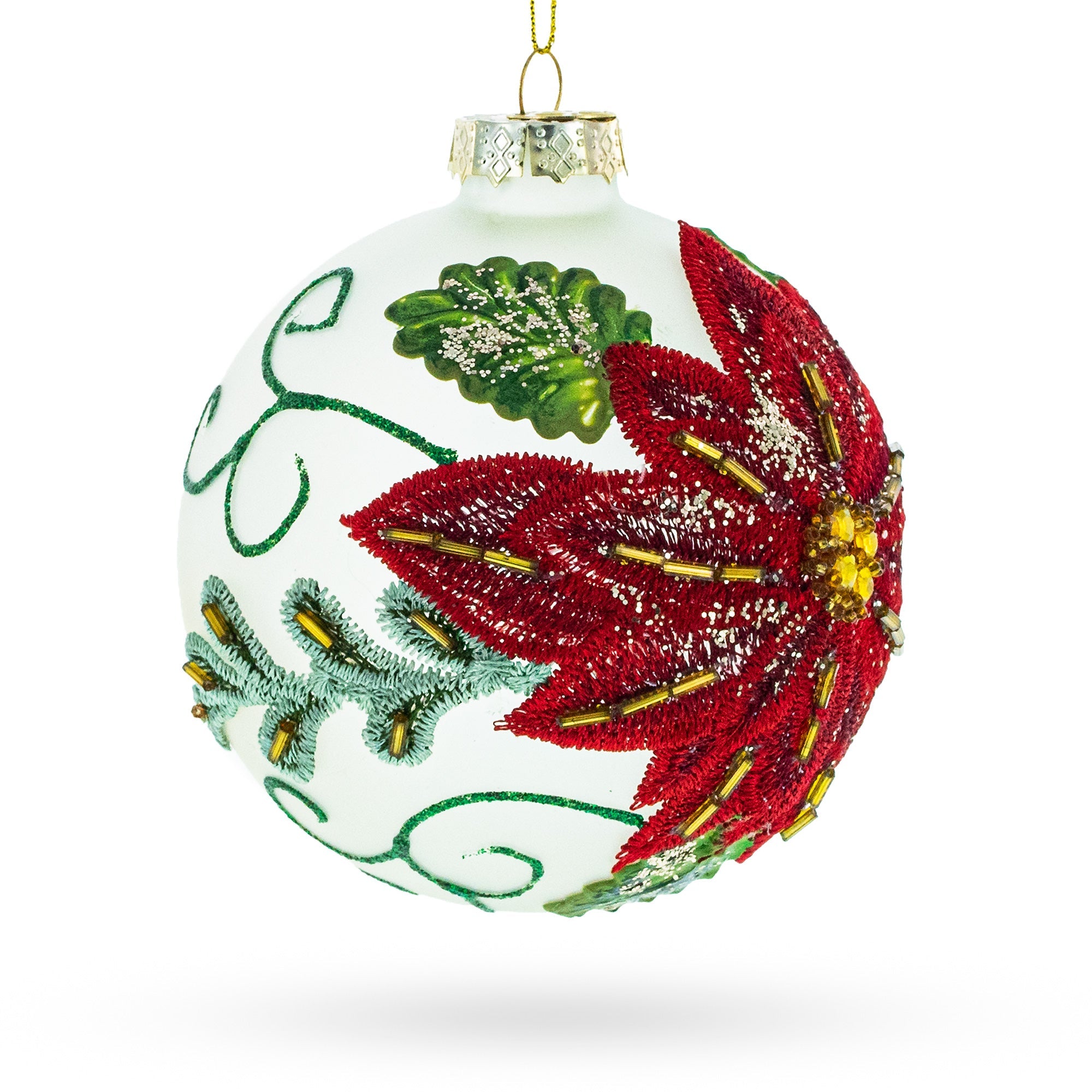 Beaded Red Flower Adorning Blown Glass Ball Christmas Ornament