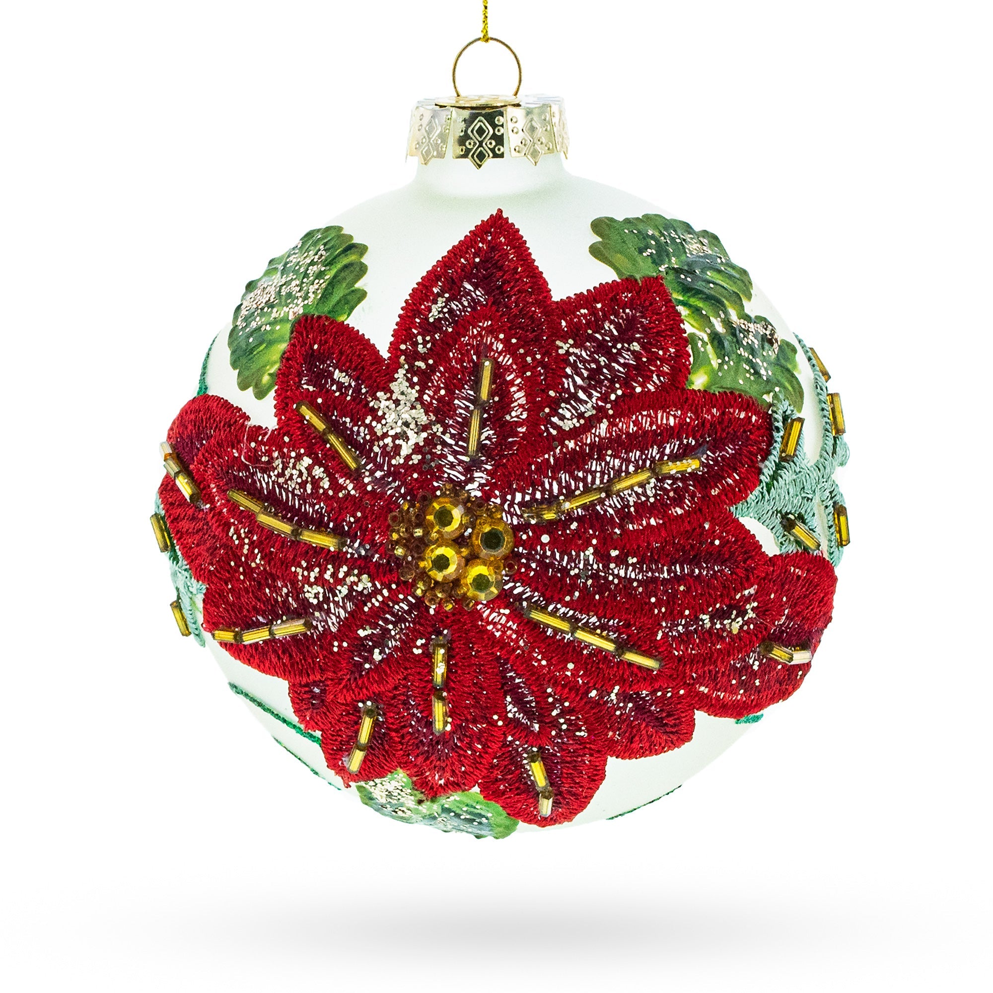 Beaded Red Flower Adorning Blown Glass Ball Christmas Ornament