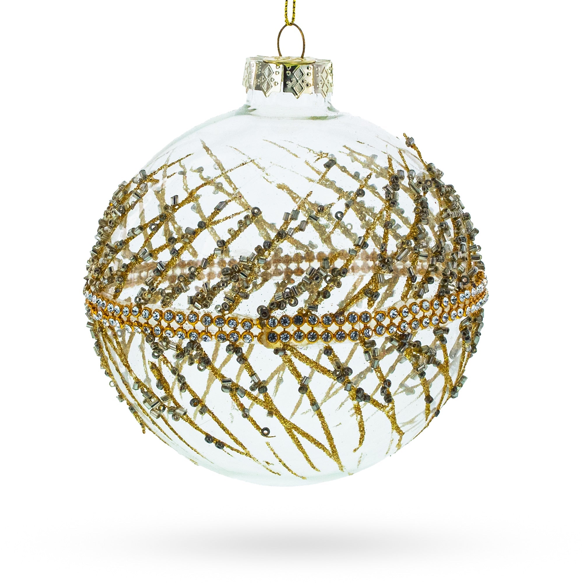 Golden Glitters On Clear Glass Ball - Dazzling Blown Glass Christmas Ornament