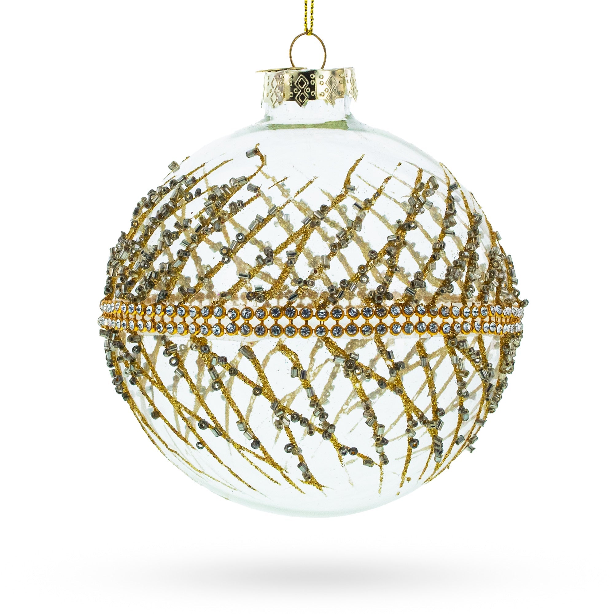 Golden Glitters On Clear Glass Ball - Dazzling Blown Glass Christmas Ornament