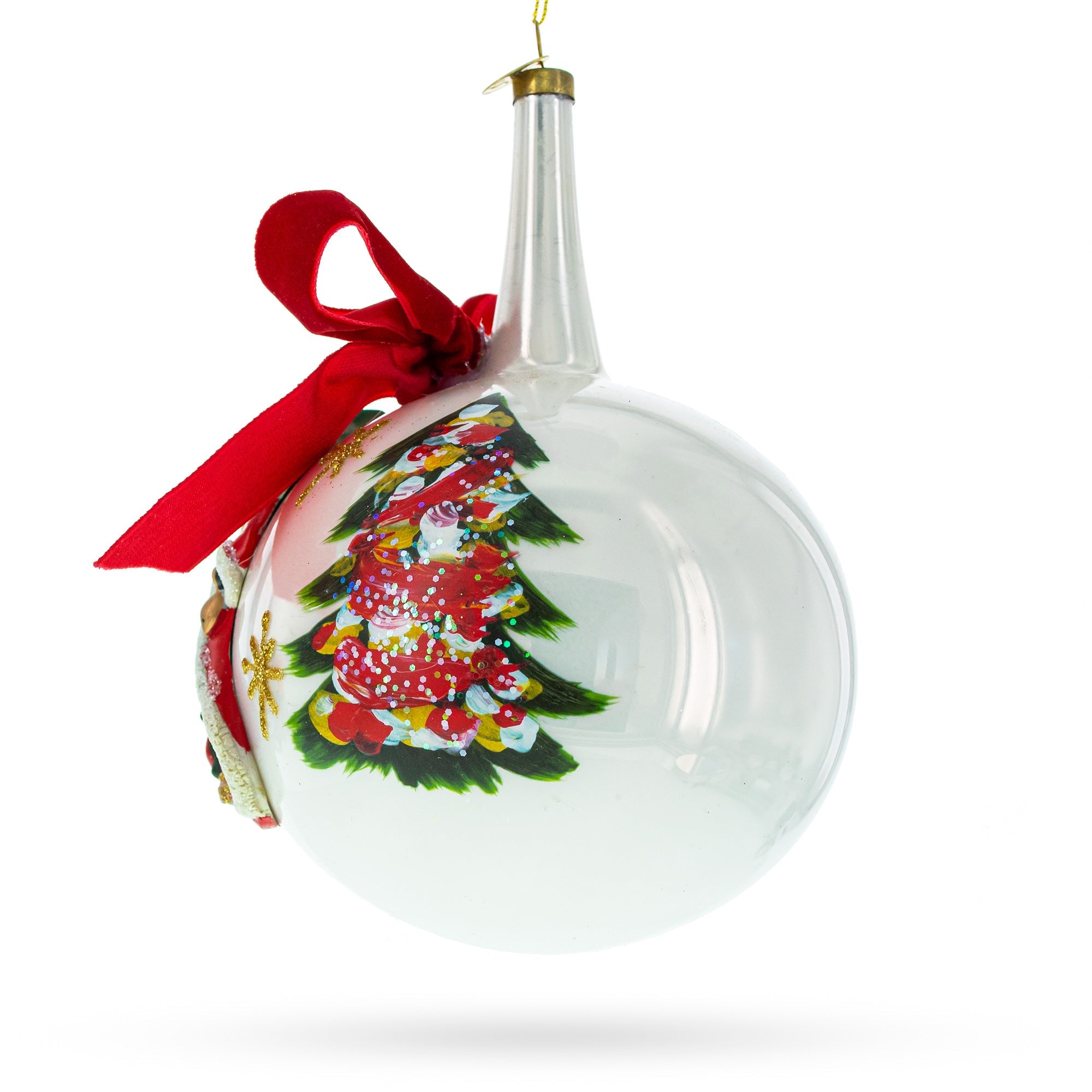 Santa By Tree With Red Bow - Festive Blown Glass Ball Christmas Ornament 7 Inches