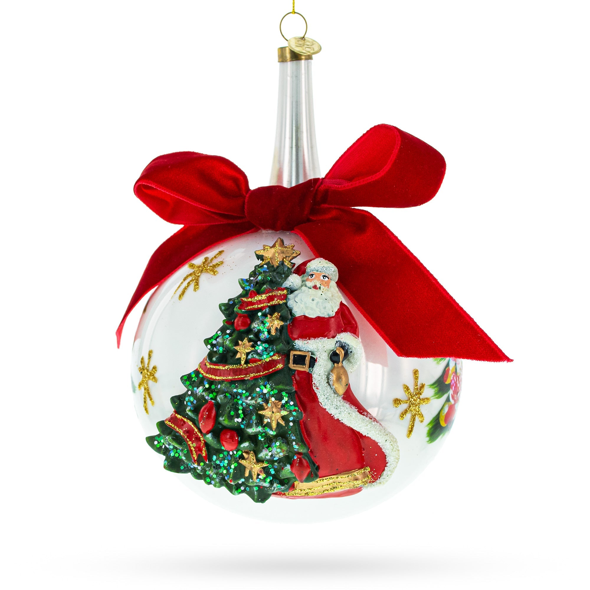 Santa By Tree With Red Bow - Festive Blown Glass Ball Christmas Ornament 7 Inches