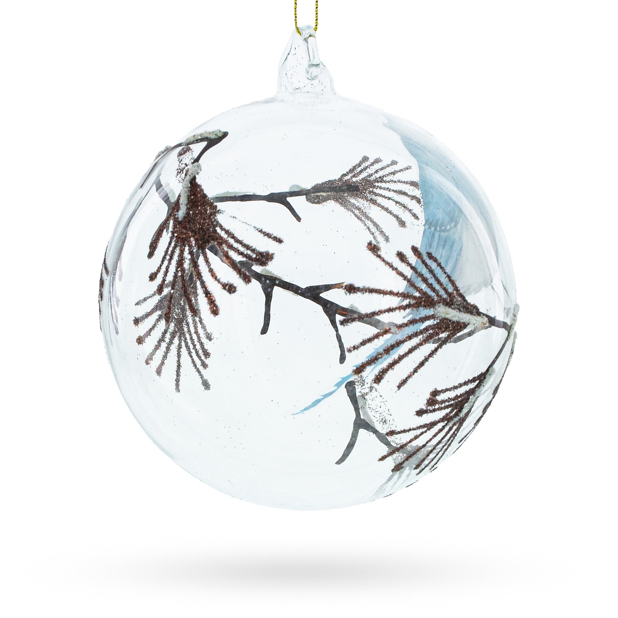 Blue Bird On Clear Glass Ball - Serene Blown Glass Christmas Ornament