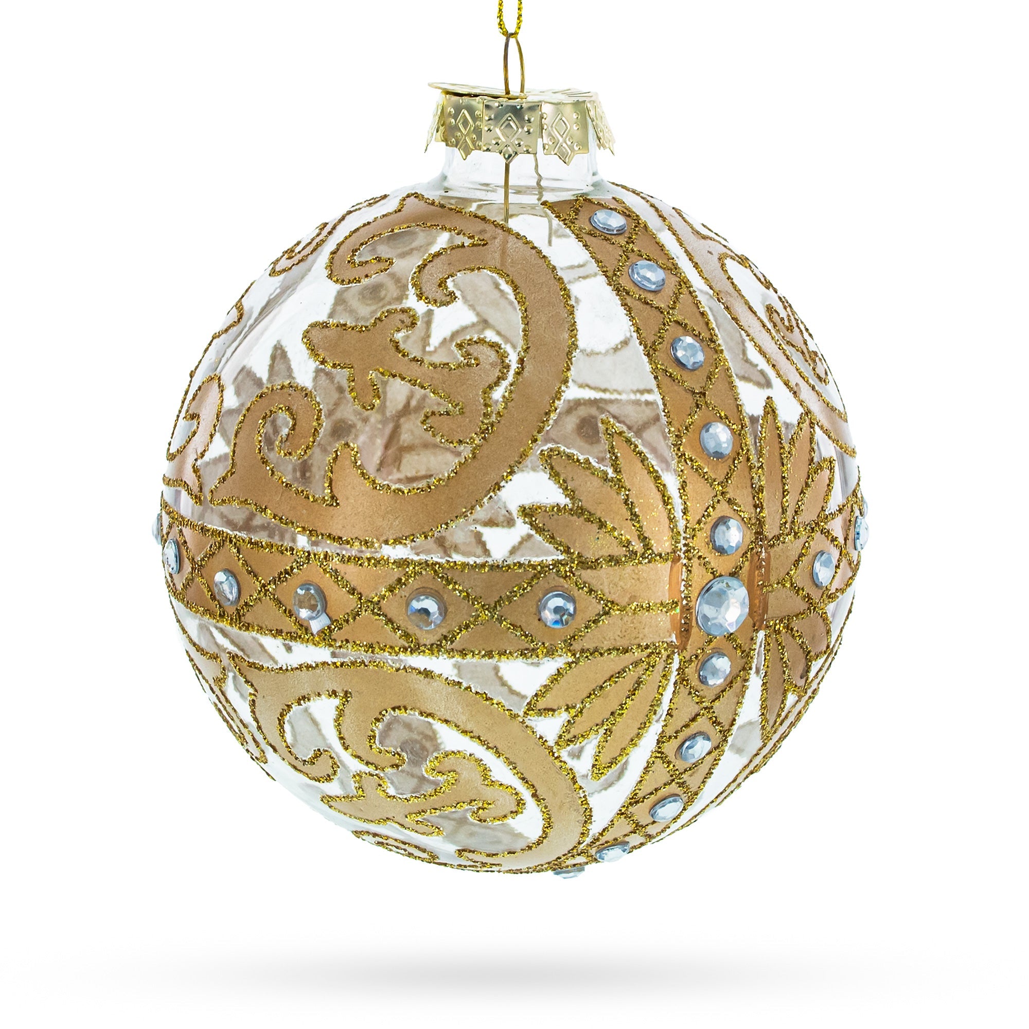 Gold Scroll With Jewel Accents - Opulent Blown Glass Ball Christmas Ornament